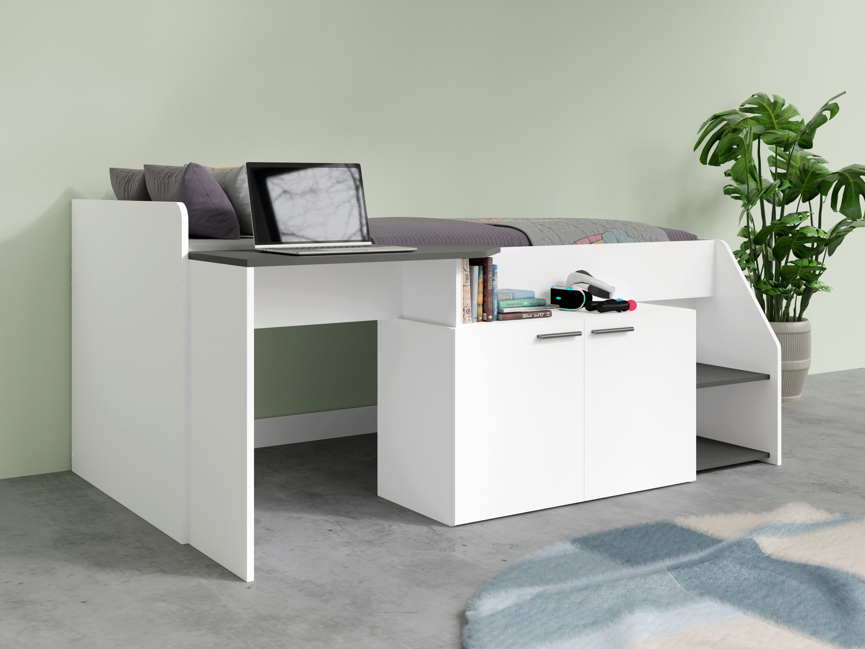 Raumhirsch Furniture Kinderbett Funktionsbett, Stauraumbett, Jugendbett, Einzelbett 90x200 (Maße: 204,4 x 90,5 x 122,8 cm (einfache Montage, offene Fächer), 3-in-1: Bett, Schreibtisch und Schrank