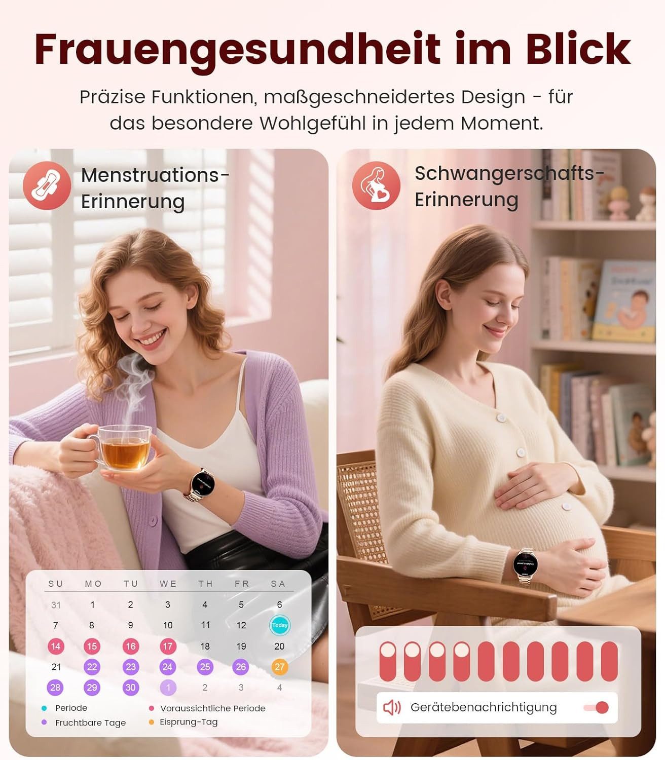 Lige Elegante uhr: mit AMOLED Display und Zyklusüberwachung Smartwatch (3,6 cm/1,43 Zoll, Android iOS), Stilvolle Gesundheitsuhr für Training Schlafanalyse Benachrichtigungen