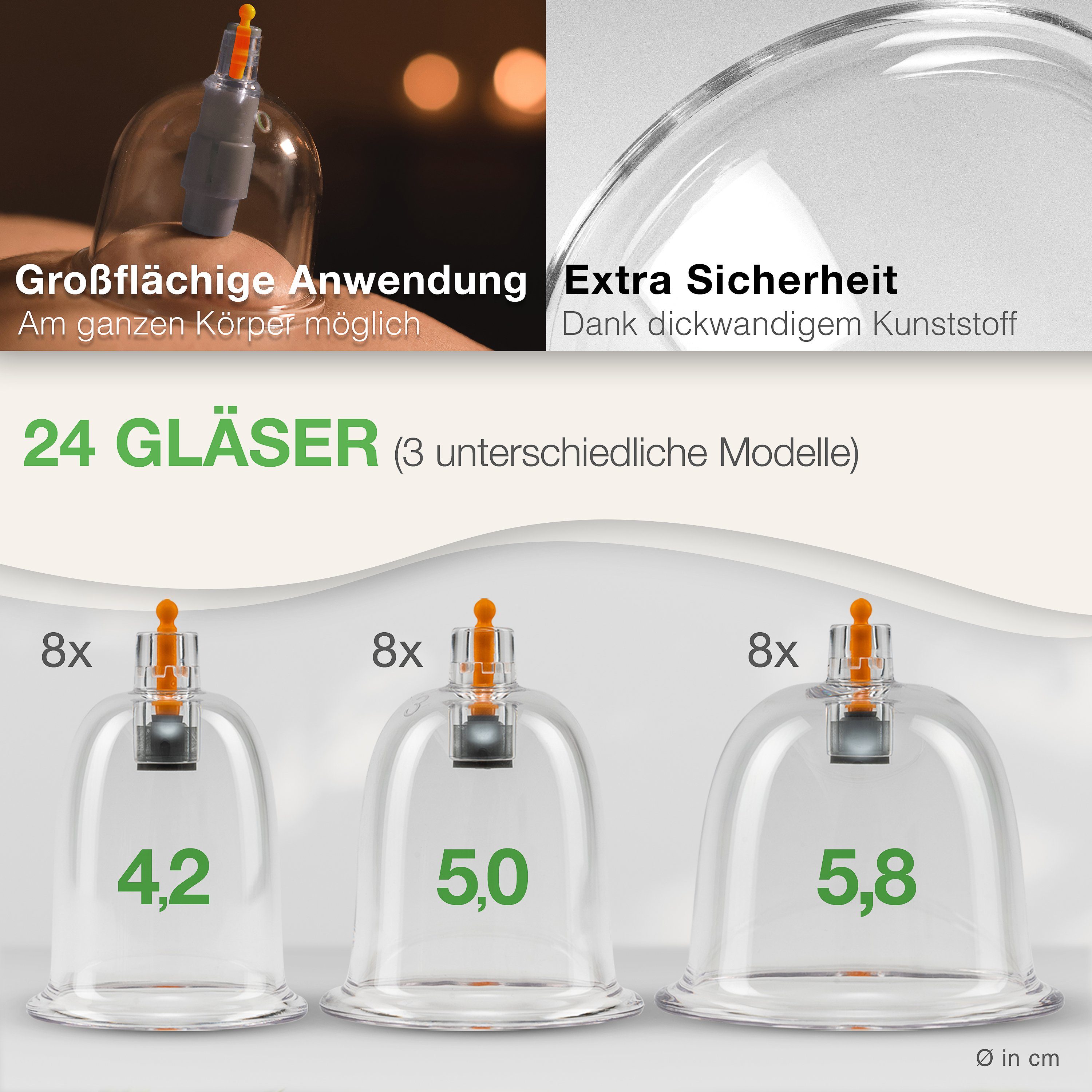 BACKLAxx® Vakuum-Massager Schröpfgläser Set mit Vakuumpumpe - Hochwertiges Schröpfset, 24x Glocken, 6x Therapiemagnete, 1x Vakuumpumpe, 1x Faszienschaber, 1x Schlauch, 1x Mikrofasertuch 24-tlg., Cupping Set, Dickwandige Gläser - inkl. Videokurs & E-Book