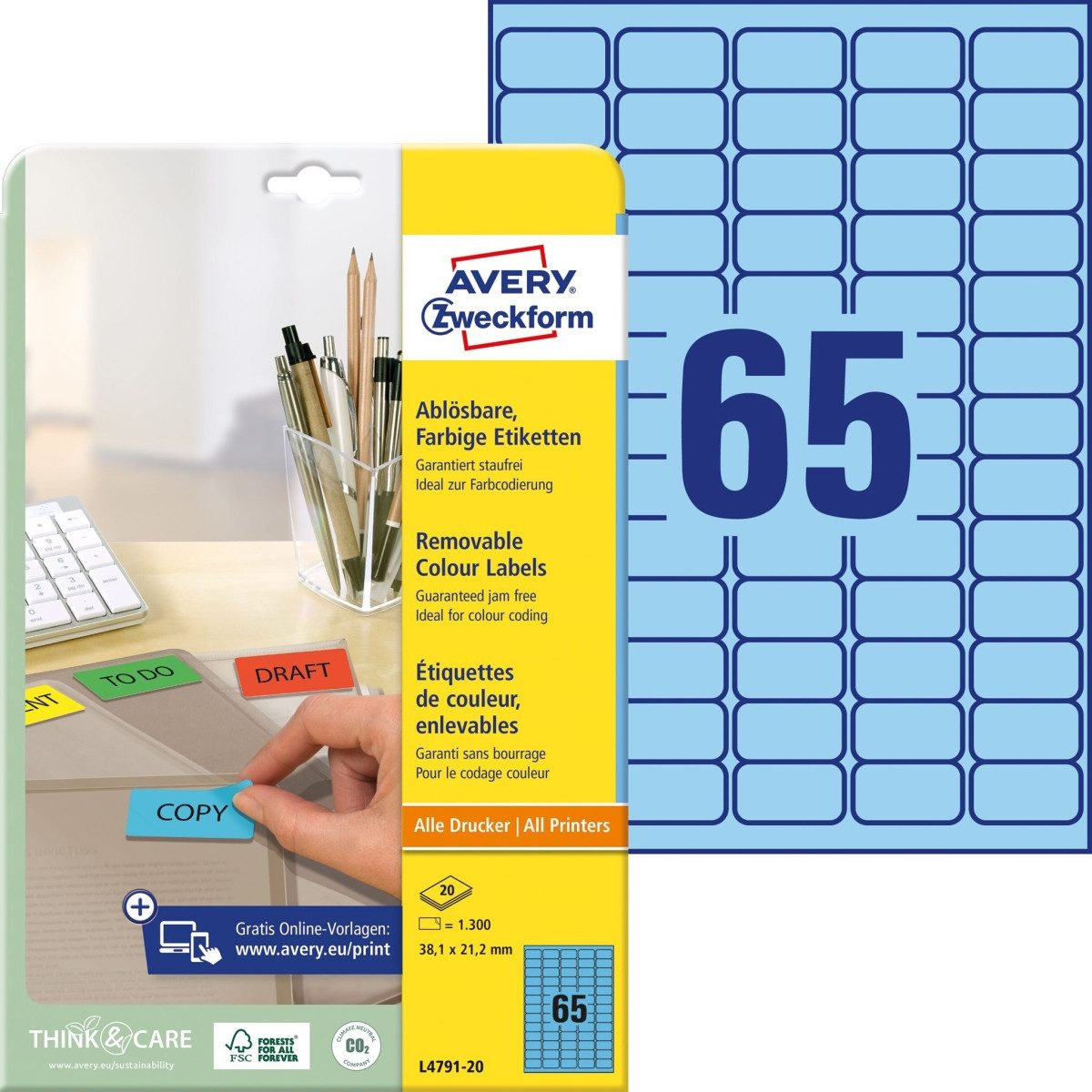 Avery Zweckform Etiketten Etiketten Inkjet/Laser/Kopier 38,1x21,2mm VE=1300 Stück blau