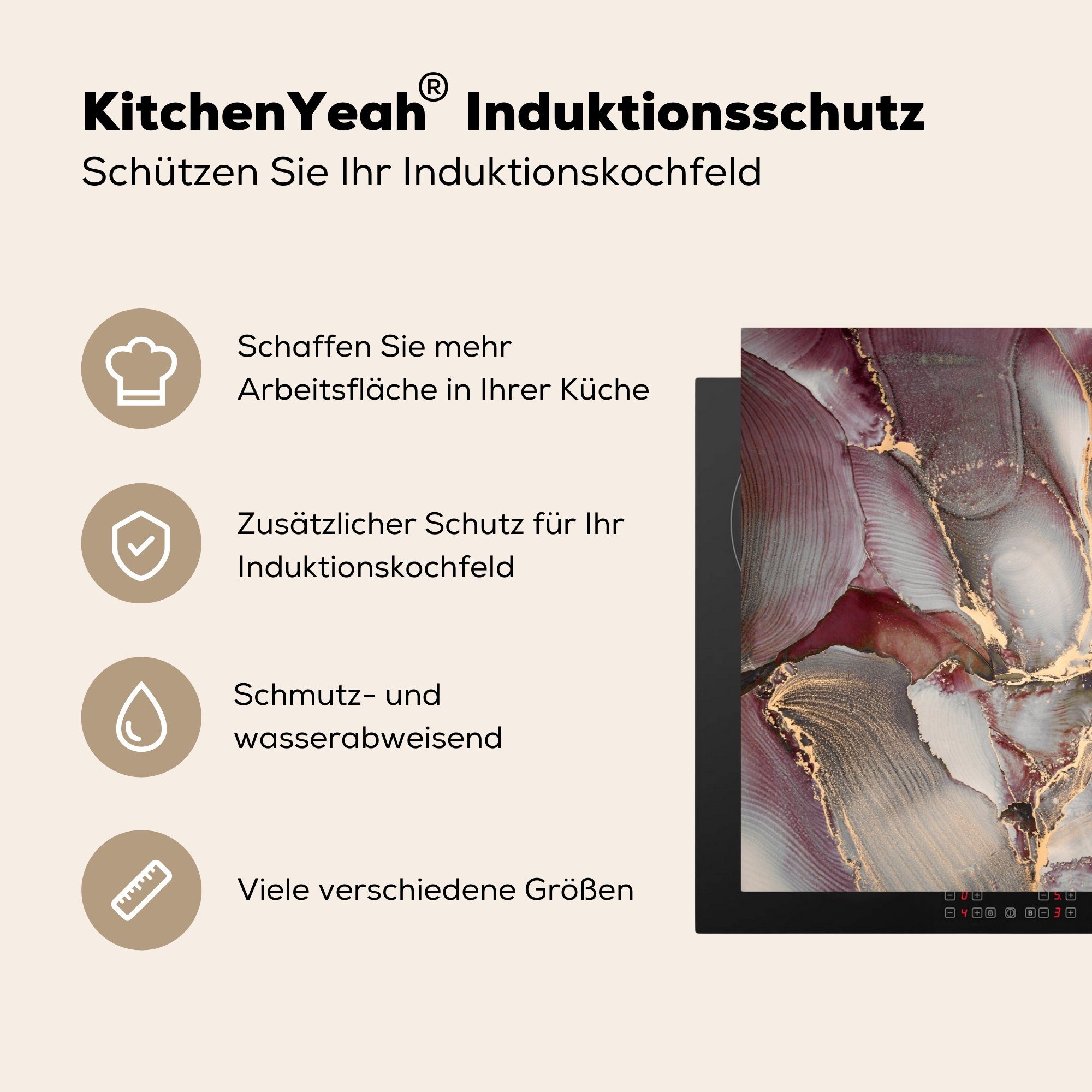 Induktionskochfeld für küche, Ceranfeldabdeckung MuchoWow tlg), die 81x52 - Vinyl, - cm, Schutz Herdblende-/Abdeckplatte (1 Gold Lila, Marmor