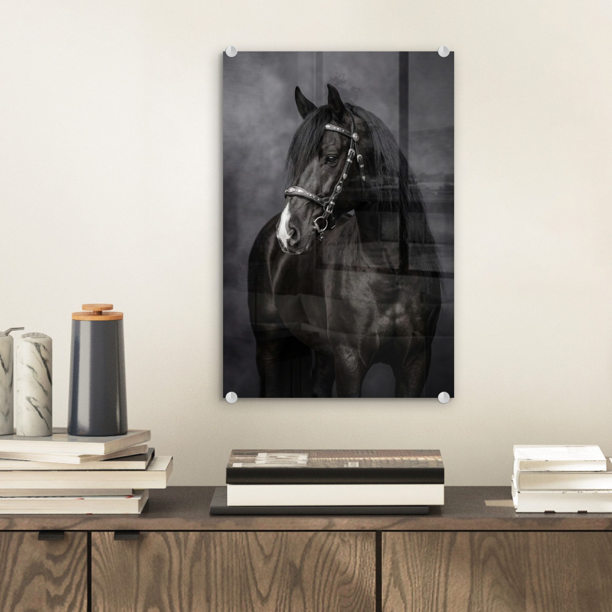 MuchoWow Acrylglasbild Porträt - Pferd - Schwarz, Inkl. Aufhängung, Dekorative Bild für Küche & Wohnzimmer auf Glas, 20x30 cm
