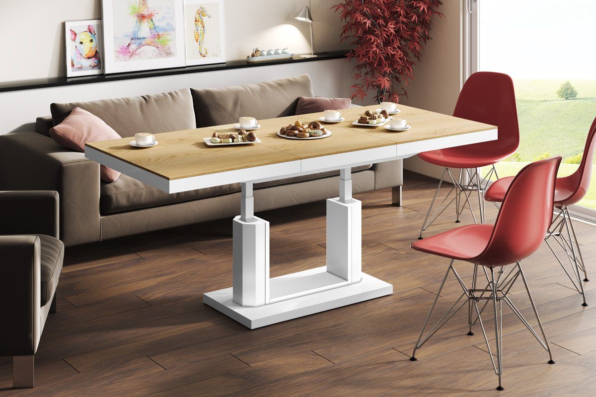 designimpex Couchtisch H-120 Eiche Natur-Weiß Hochglanz stufenlos höhenverstellbar ausziehbar