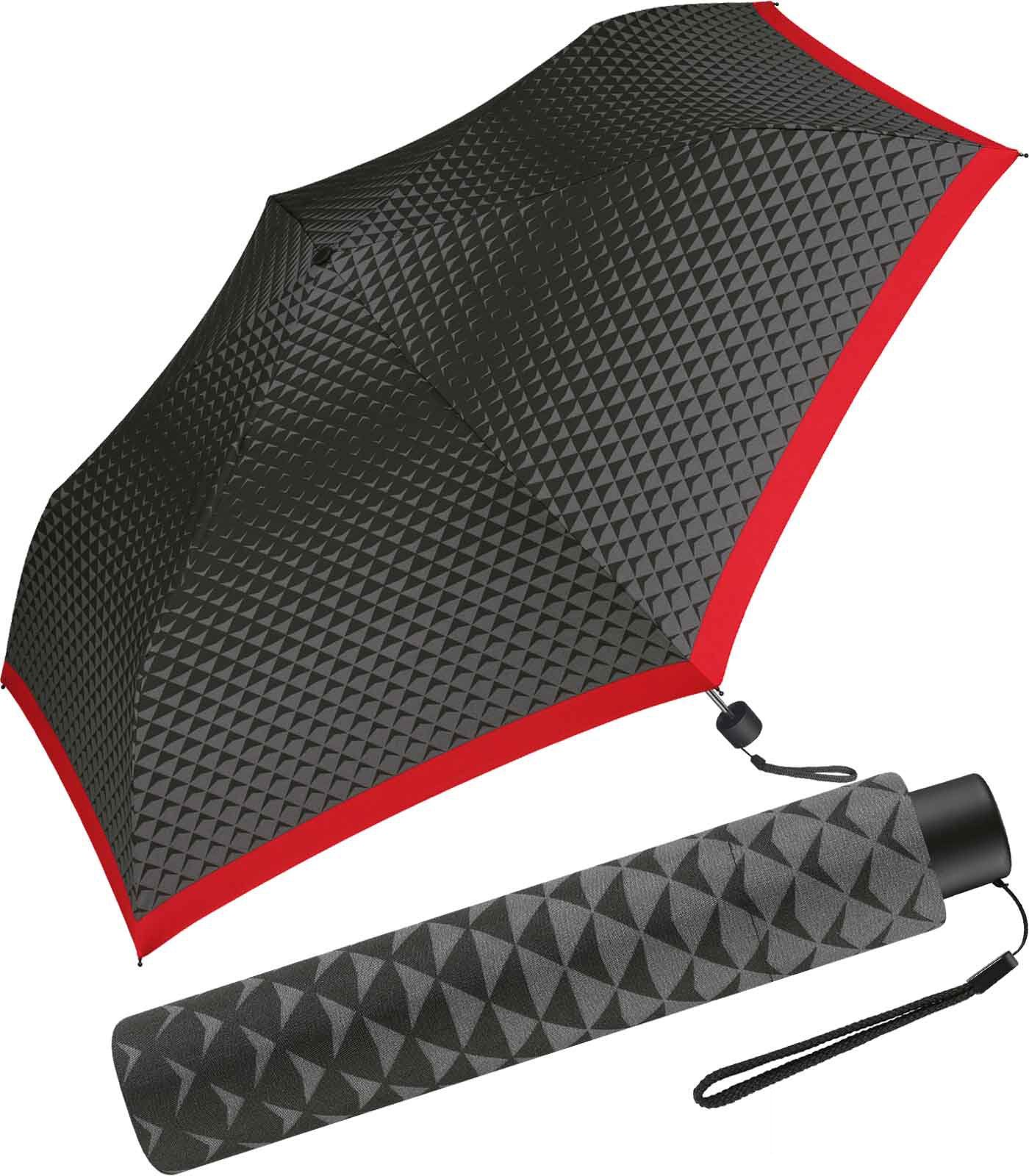 mit Handöffner, Damen-Taschenschirm Cardin mit Dreiecke-Muster schlanker Borte Pierre und roter Langregenschirm