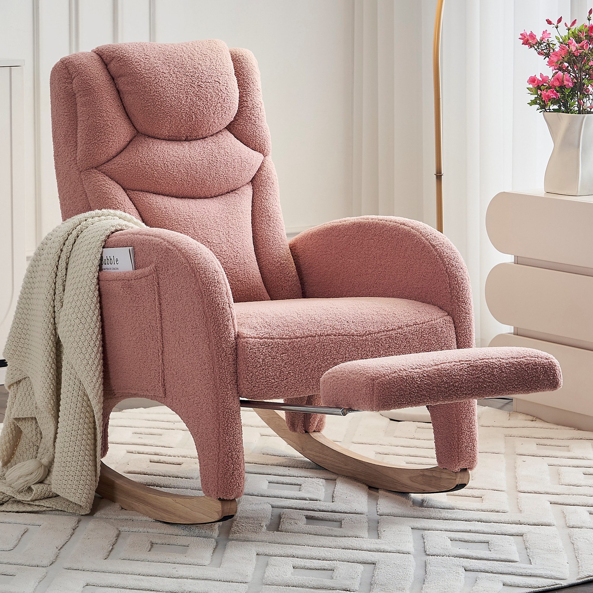 REDOM Schaukelstuhl Moderner Liegestuhl, Relaxsessel (mit Hocker, gepolsterter Freizeitstuhl aus Teddy-Stoff), mit Armlehnen