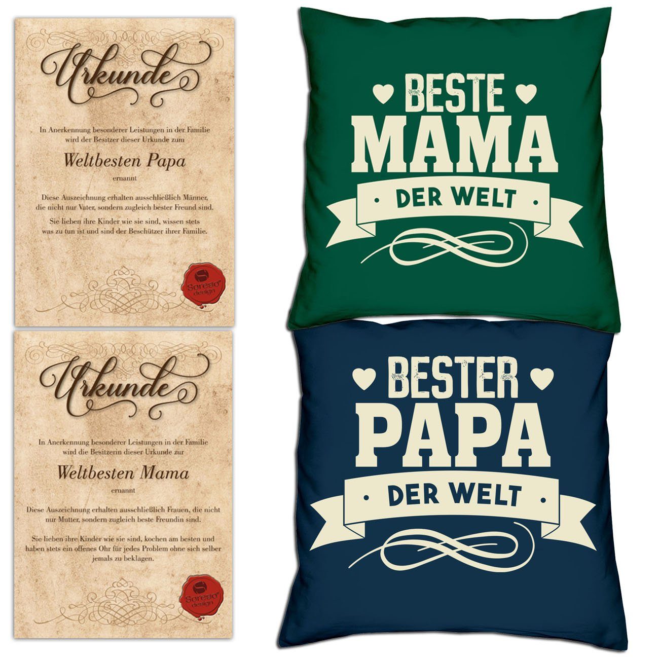 Soreso® Dekokissen Kissen-Set Bester Papa der Welt Beste Mama der Welt mit Urkunden, Weihnachtsgeschenk für Eltern dunkelgrün