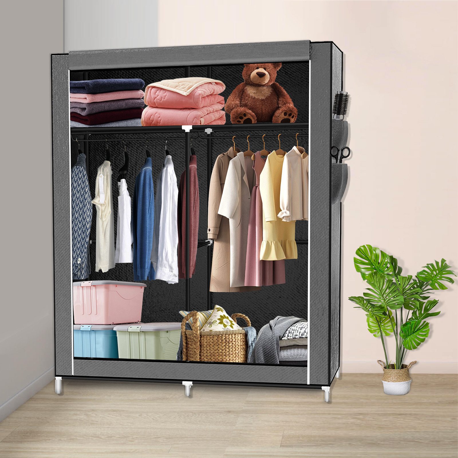 JEOBEST Stoffschrank Kleiderschrank mit Kleiderstange Seitentaschen und Überzug, Kleiderschränke Stabil – Bild 4 von 5