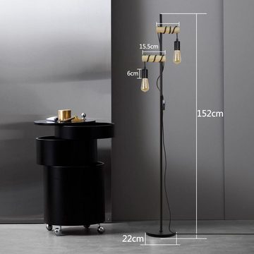 Nettlife Stehlampe Wohnzimmer Holz mit 2 Flammig Stehleuchte Industrial Schwarz E27, mit Schalter, LED wechselbar, Schwenkbar 180°, Schlafzimmer Arbeitzimmer Büro