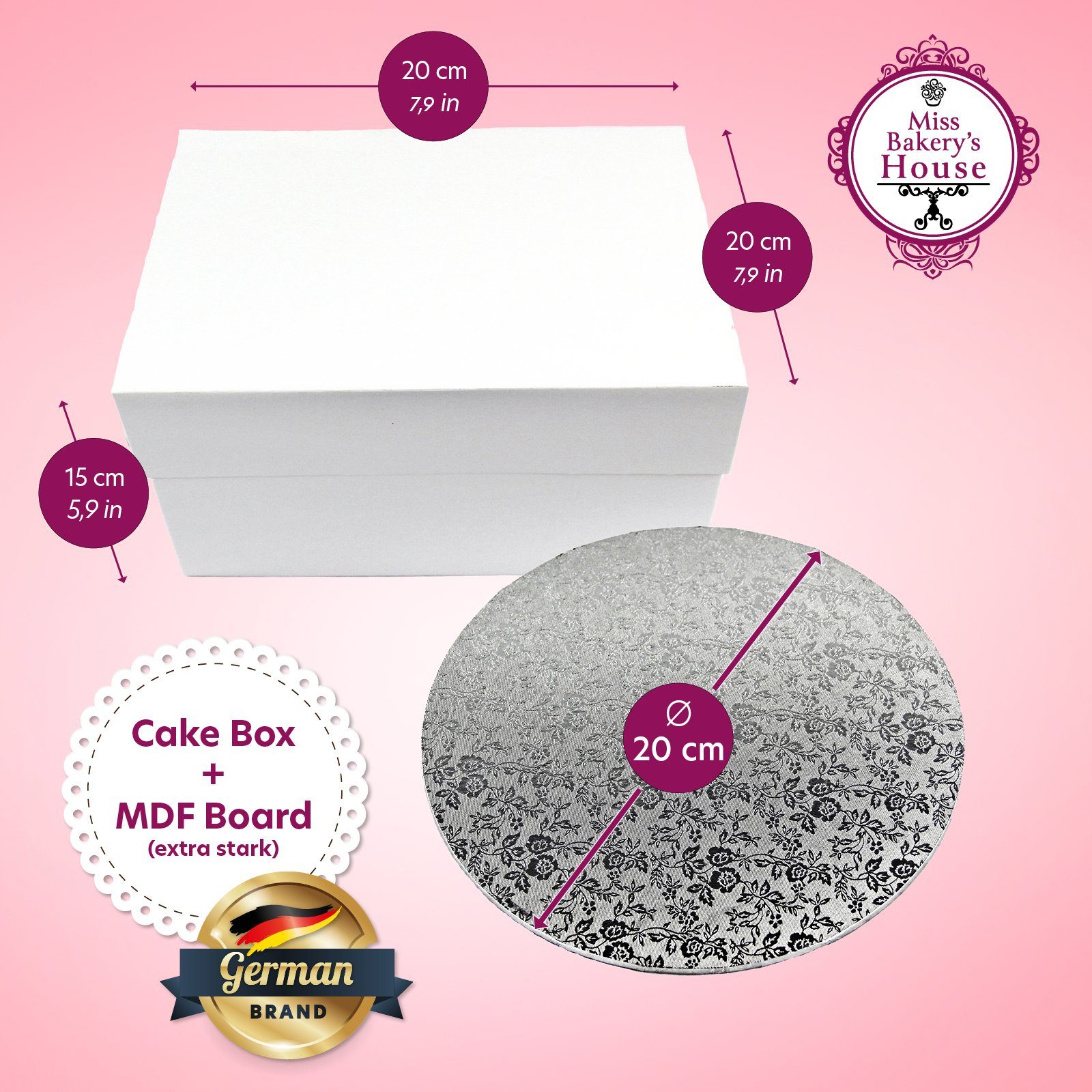 Miss Bakery's Mdf & sicher weiß/silber + Cake Box transportieren Set), Tortenkarton, aufbewahren House und Board, Tortenunterlage, (Kartonbox Kuchentransportbox Gebäck