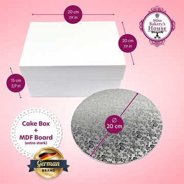 Miss Bakery's House Kuchentransportbox Tortenkarton, Cake Box + Mdf Board, (Kartonbox & Tortenunterlage, Set), Gebäck sicher aufbewahren und transportieren