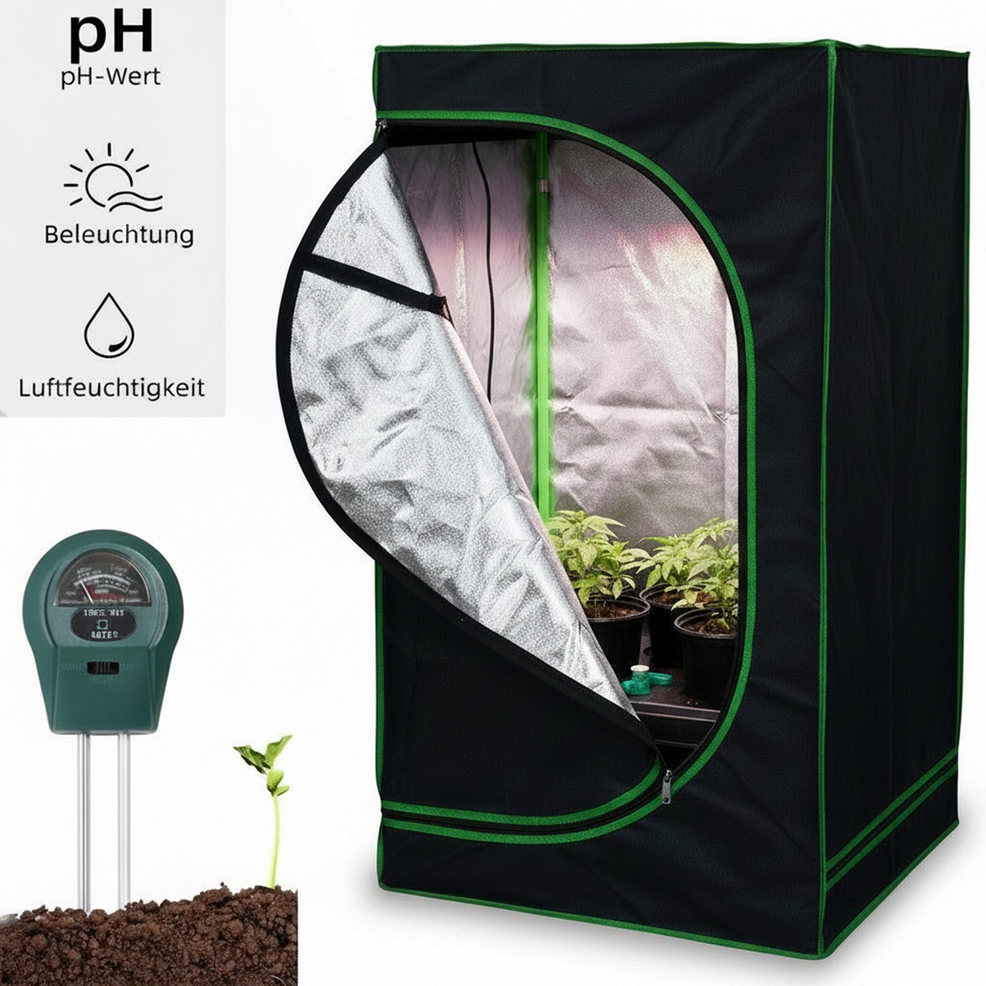 Mucola Gewächshaus Growbox Indoor Gewächshaus Pflanzenzelt Zuchtzelt Growroom Darkroom, Stück, inkl. 3 in 1 Feuchtigkeitsmessgerät für Pflanzen