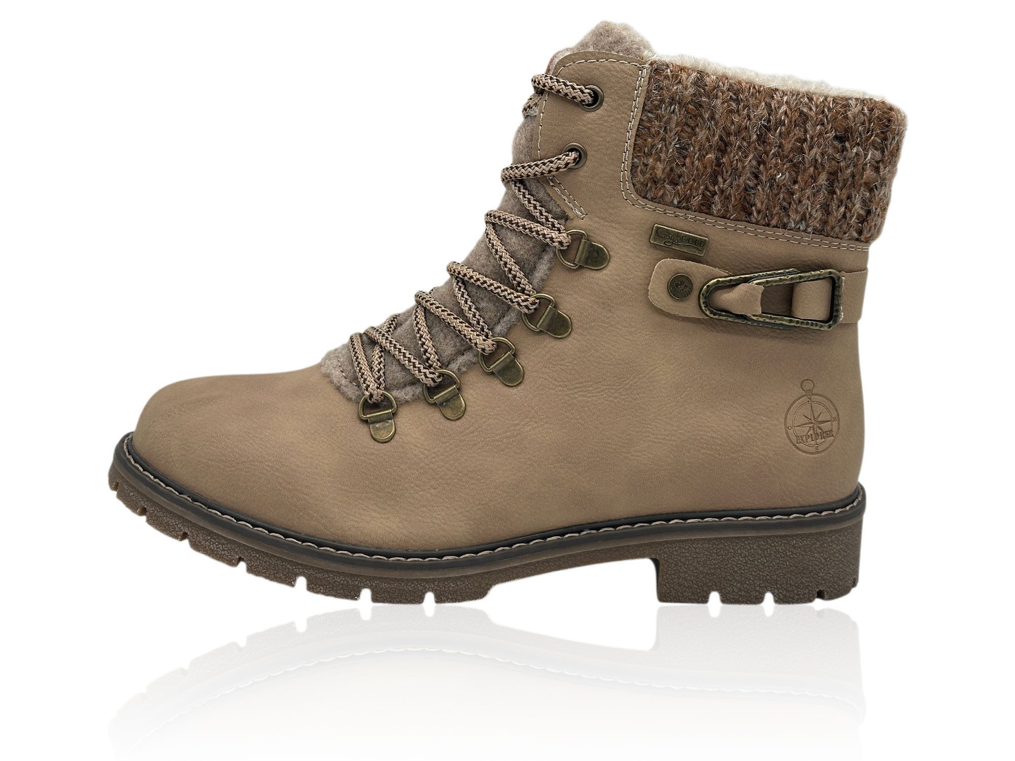 Nowaland Damen Winterboots mit Strickkragen und Profilsohle Westernstiefel Warm gefüttert mit dekorativer Bergsteiger-Schnürung