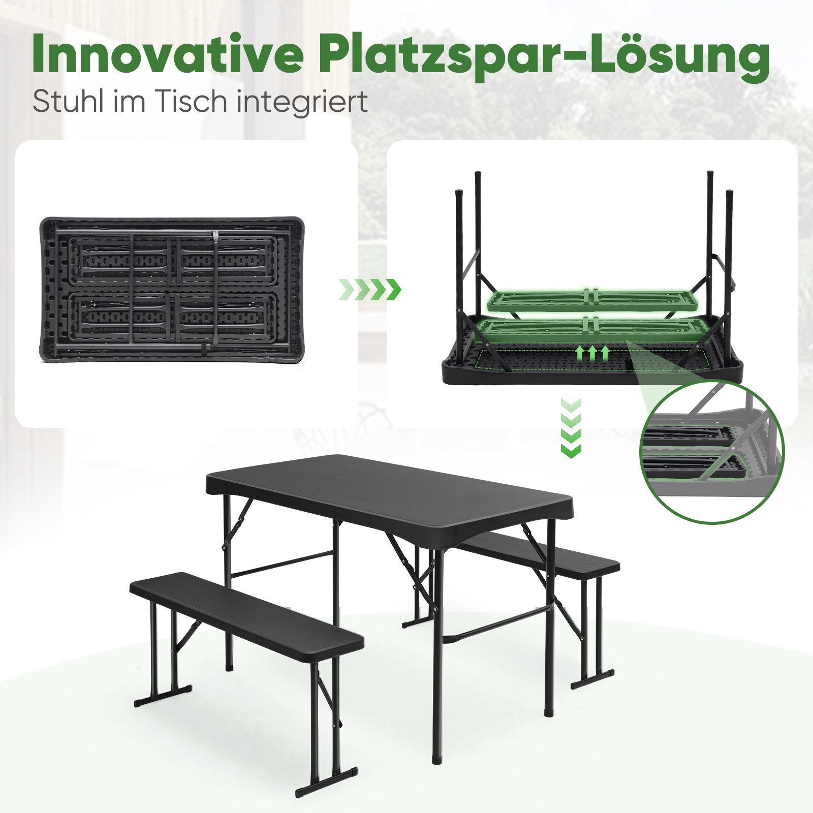 Sekey Garten-Essgruppe 3-teilig Bierzeltgarnitur Klappbar Biertisch Esstisch Set mit 2 Bänken, Klappbar Biertisch Set für 4 Personen, Festzeltgarnitur, Schwarz