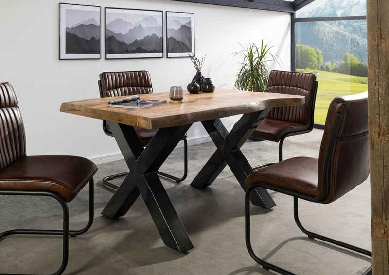 Massivmoebel24 Baumkantentisch FREEFORM (140x90x77 Mango, Baumkantentisch Esstisch für Esszimmer Massiv, Modern), Echte Baumkante, Natürliche Risse und Unebenheiten