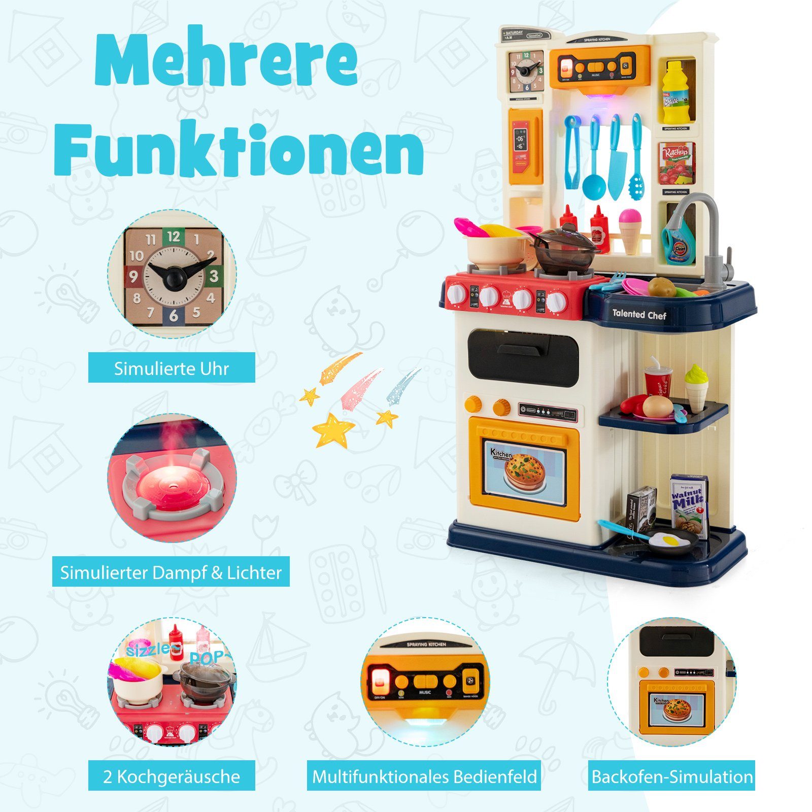COSTWAY Spielküche Kinderküche, mit Lichter, Musik & Zubehör