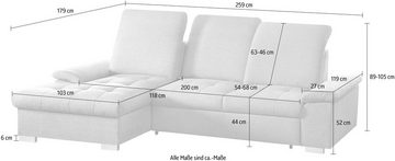 CALIZZA INTERIORS Ecksofa Moli 1 L-Form, mit Bettkasten, Kopfteilverstellung und Sitztiefenverstellung