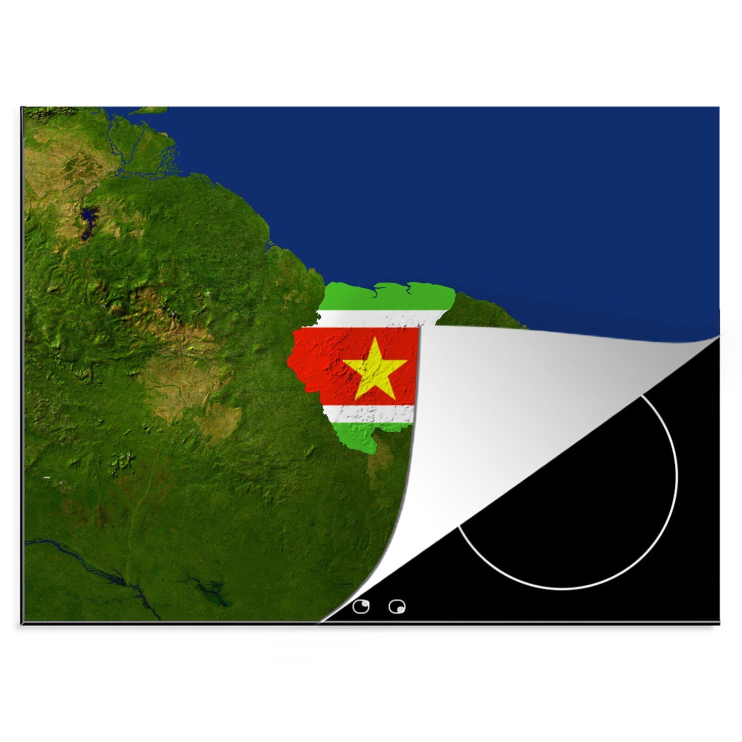 MuchoWow Herdblende-/Abdeckplatte Ein Satellitenbild von Suriname mit der Flagge des Landes darüber, Vinyl, (1 tlg), 70x52 cm, Mobile Arbeitsfläche nutzbar, Ceranfeldabdeckung