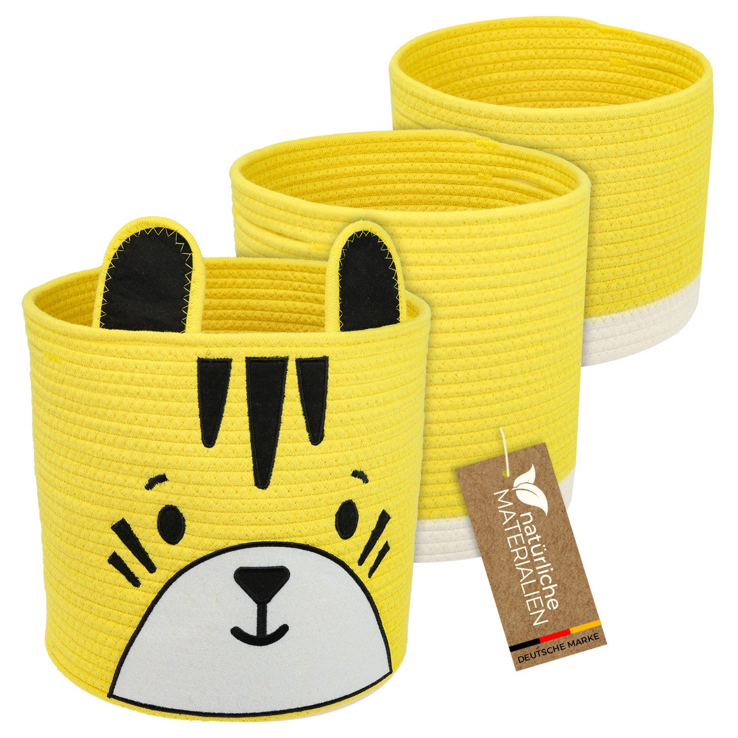 HMF Aufbewahrungskorb Aufbewahrungskorb mit versteckten Griffen (3er, Set), Korb für Kinderzimmer aus Baumwolle, Tiger, Groß, Mittel, Klein