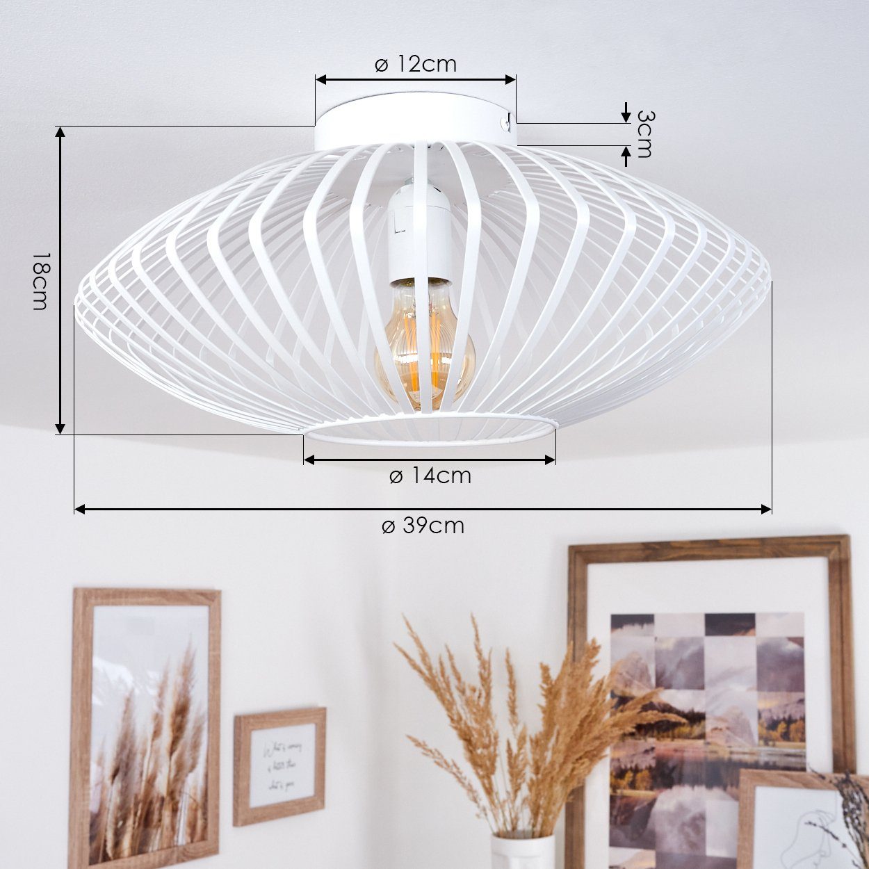 hofstein Deckenleuchte »Pieris« runde Deckenlampe aus Metall in Weiß, ohne Leuchtmittel, Retro-Leuchte mit Lichteffekt durch Gitter-Optik, Ø39cm, E27 – Bild 4 von 5