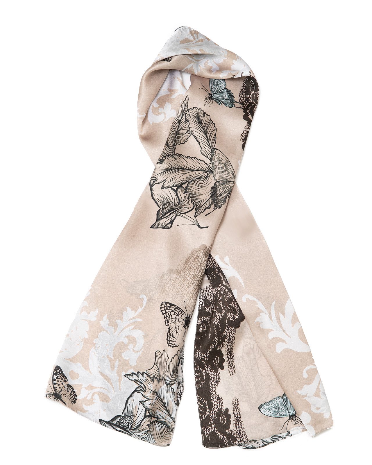Seidenschal Lace taupe schwarz, 55x175cm, leichter Damen-Schal, alljährig