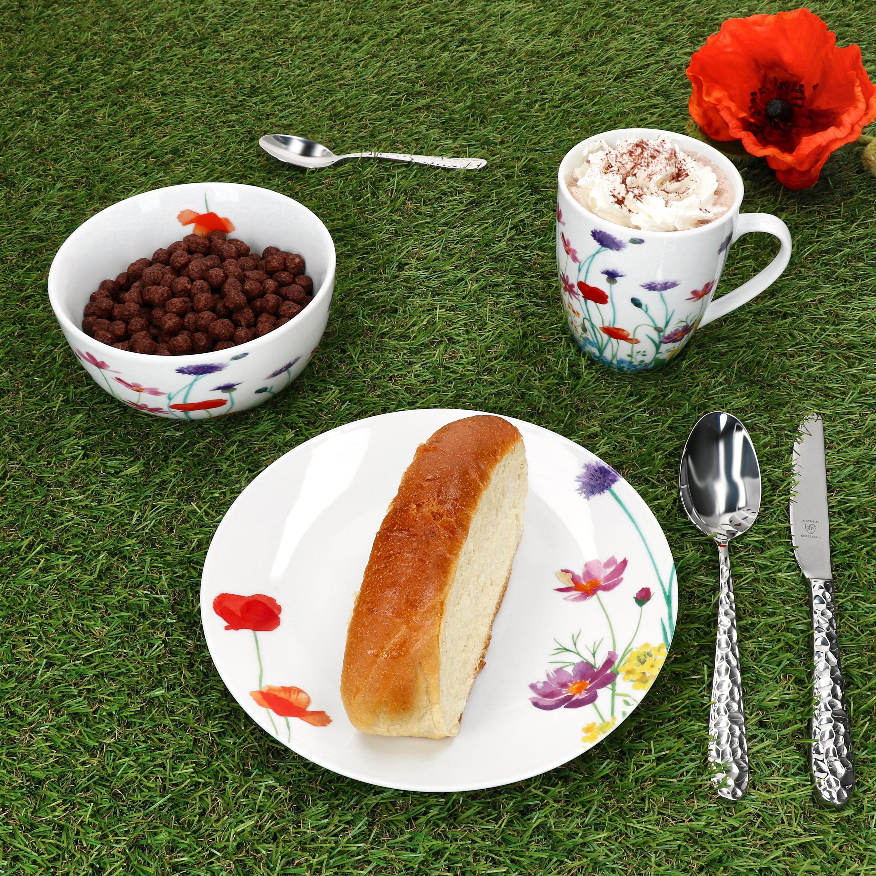 MamboCat Frühstücks-Geschirrset 12tlg Frühstücksset Marie Porzellan 6 Personen Teller Becher Schale, Porzellan