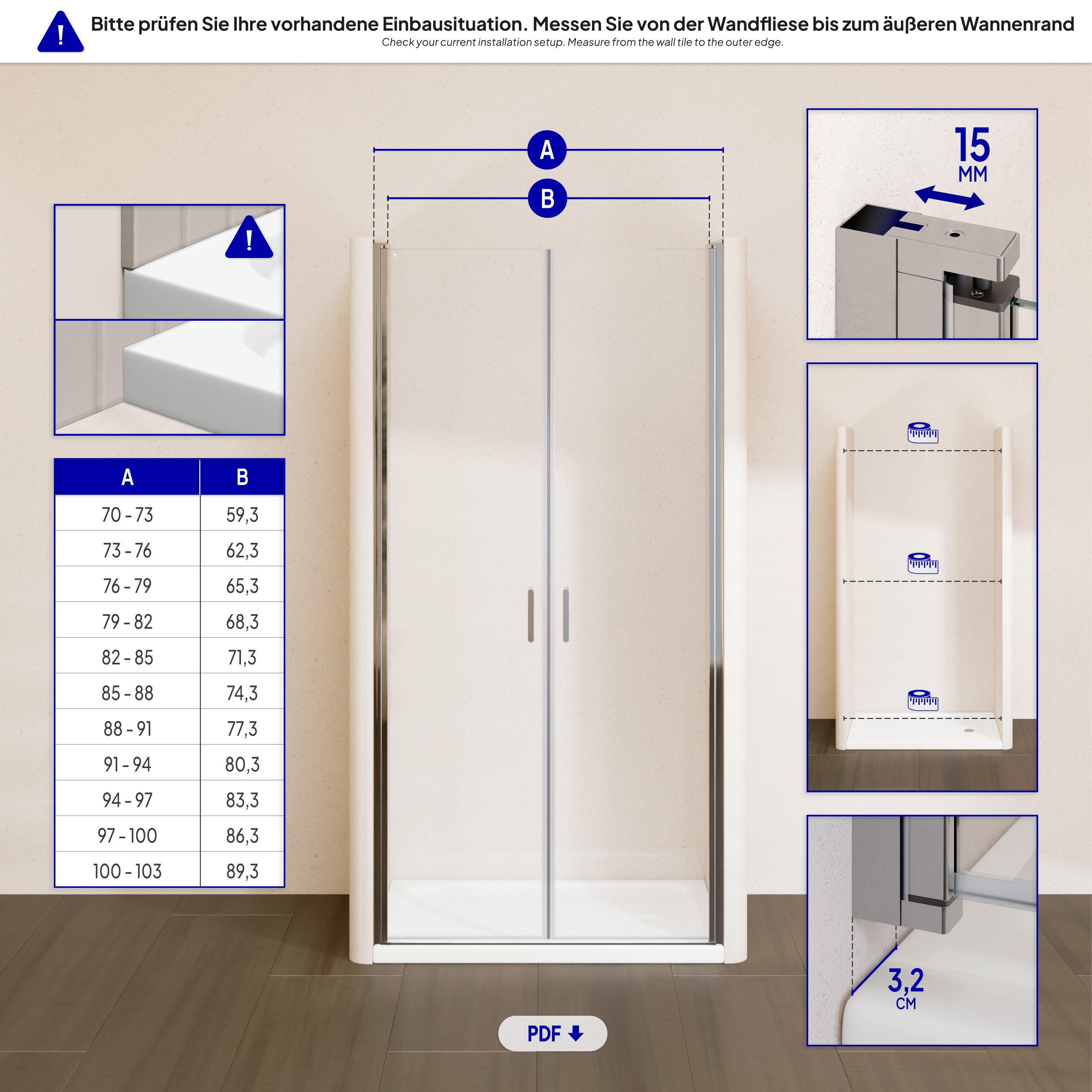 i-flair Dusch-Doppelflügeltür Duschtür 73-76 cm - Höhe: 190 cm, aus durchsichtigem 6 mm ESG, 73x190 cm, Einscheibensicherheitsglas, (ohne Duschtasse, mit hochwertigen Aluminiumprofilen in silber) ebenerdiger Einbau möglich, mit Pendeltüren