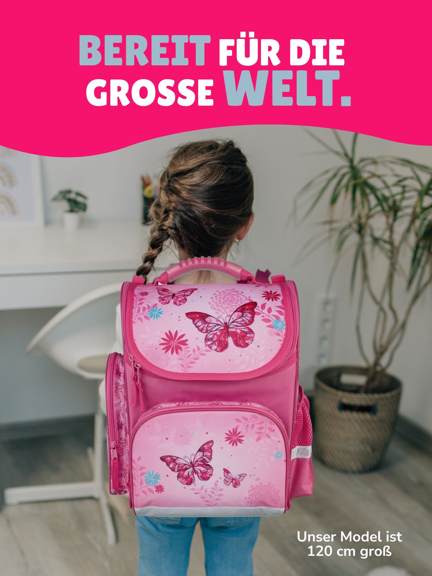 Familando Schulranzen Clou Schmetterling Schultasche, Butterfly rosa, ab 1. Klasse (Komplett-Set, 10-tlg., mit Lunch-Set, Sporttasche und Schultüte 85cm), kompakt, mit 2-Wege Reißverschluss