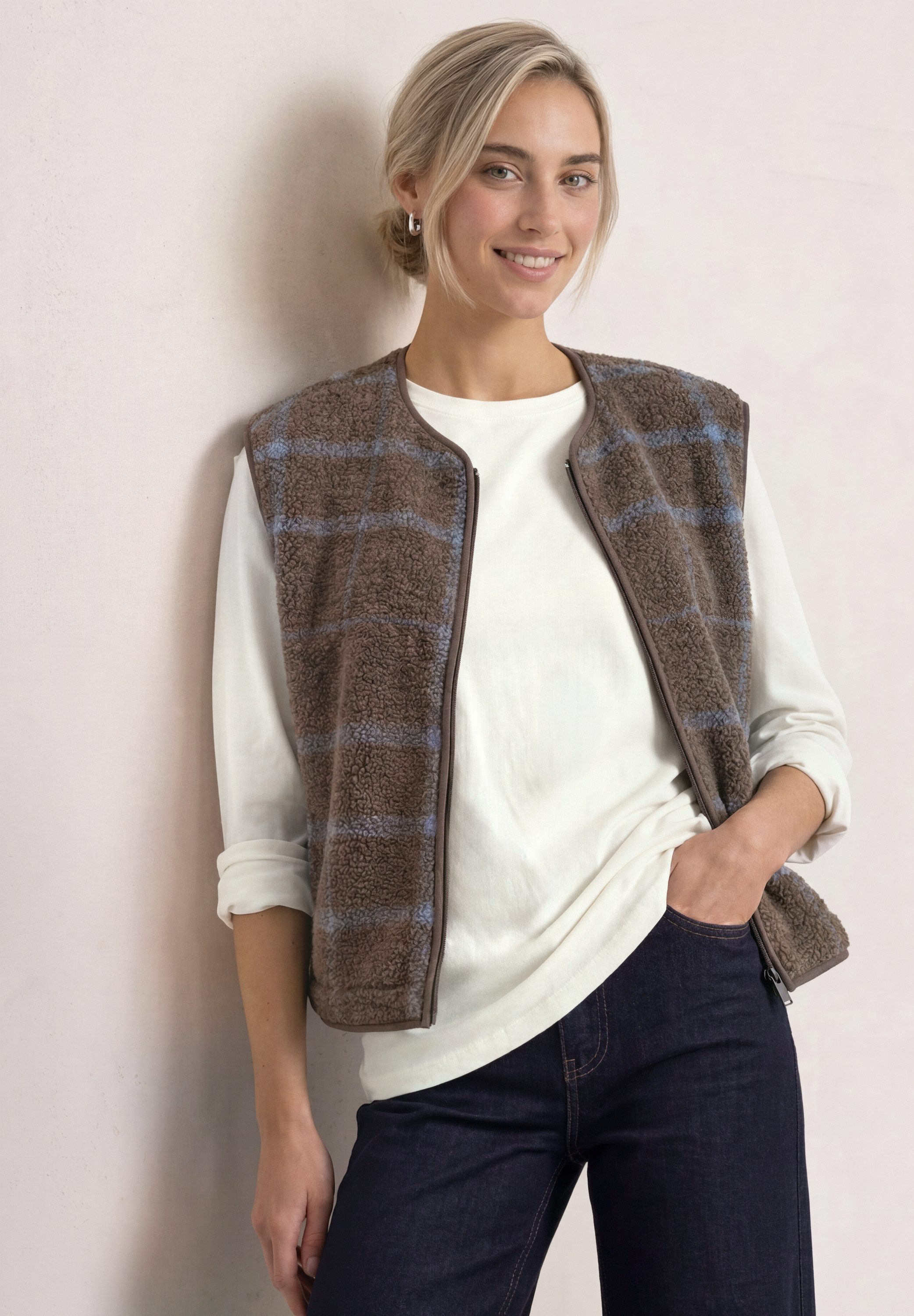 STREET ONE Plüschweste mit Zipper und Print / Kariert