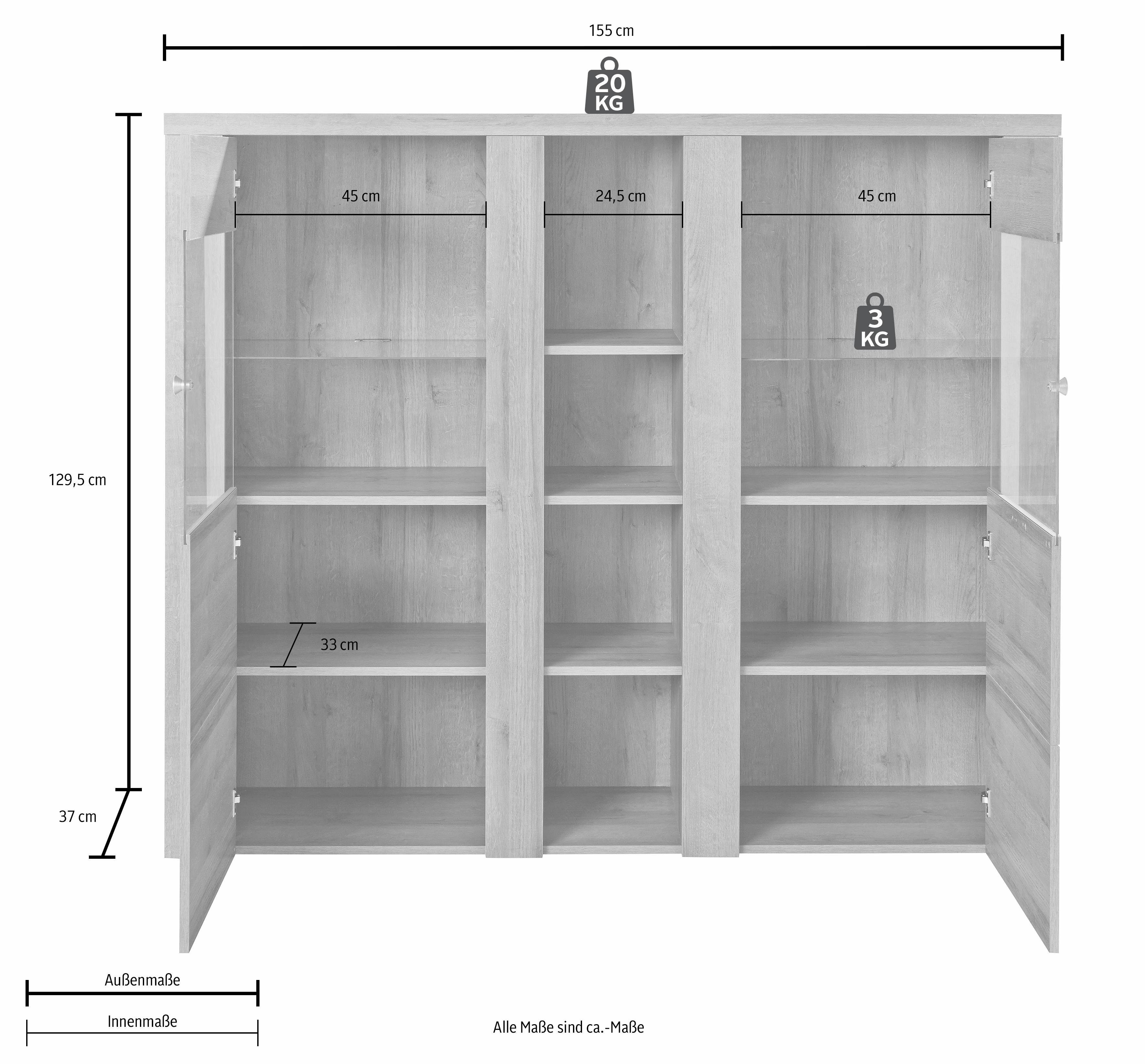 Home affaire Highboard Larona, zeitlose Hochkommode mit 2 Türen, Türkommode, Höhe 129,5 cm, Anrichte mit dekorative Rahmenoptik, Türen mit Glaseinsatz