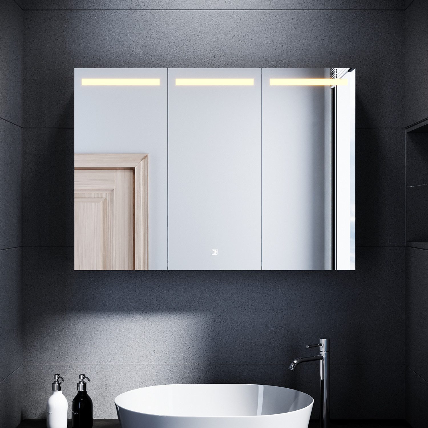 SONNI Spiegelschrank Spiegelschrank bad mit beleuchtung 105x65cm Edelstahl mit Touch und Steckdose, 3 türig, Kalt/Warm/Neutral Licht, dimmbar