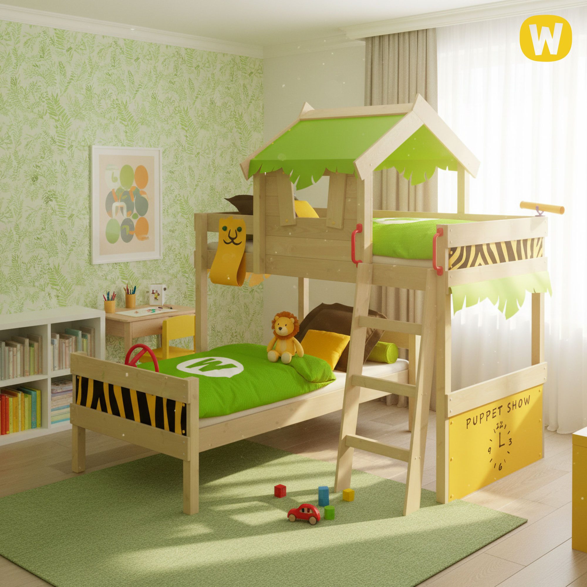 Wickey Kinderbett Crazy Jungle, Spielbett, 90 x 200 cm Hochbett (Holzpaket aus Pfosten und Brettern, Spielbett für Kinder), Massivholzbrett