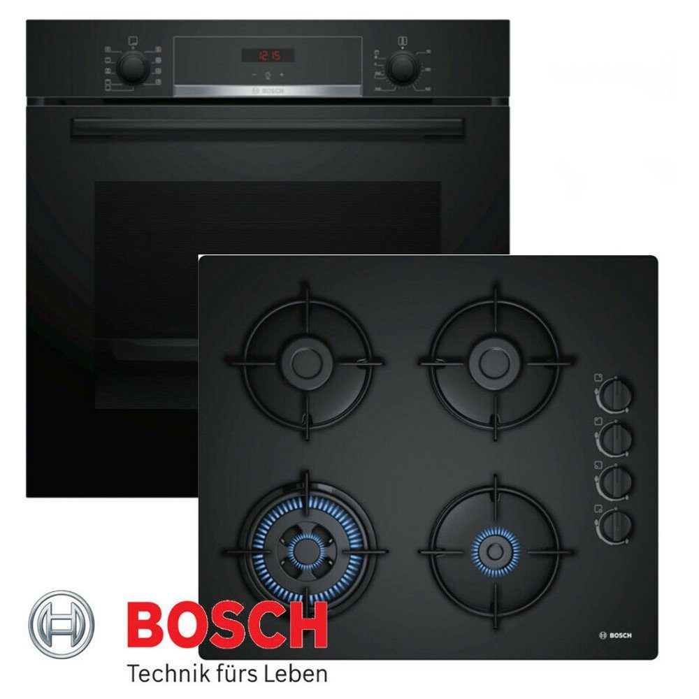 BOSCH Gasherd-Set Einbau Autark Backofen Schwarz + GAS Glaskeramik Kochfeld WOK, mit 1-fach-Teleskopauszug