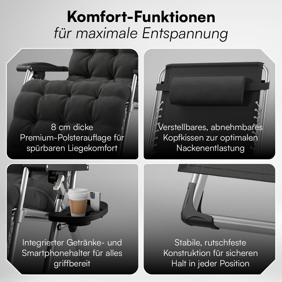 STEELSØN Gartenliege Lysira klappbarer Zero-Gravity-Stuhl, schwarz/silber, outdoor Liegestuhl, 2er-Set, mit atmungsaktiven Polsterauflagen, Sonnenliege mit Getr – Bild 4 von 5