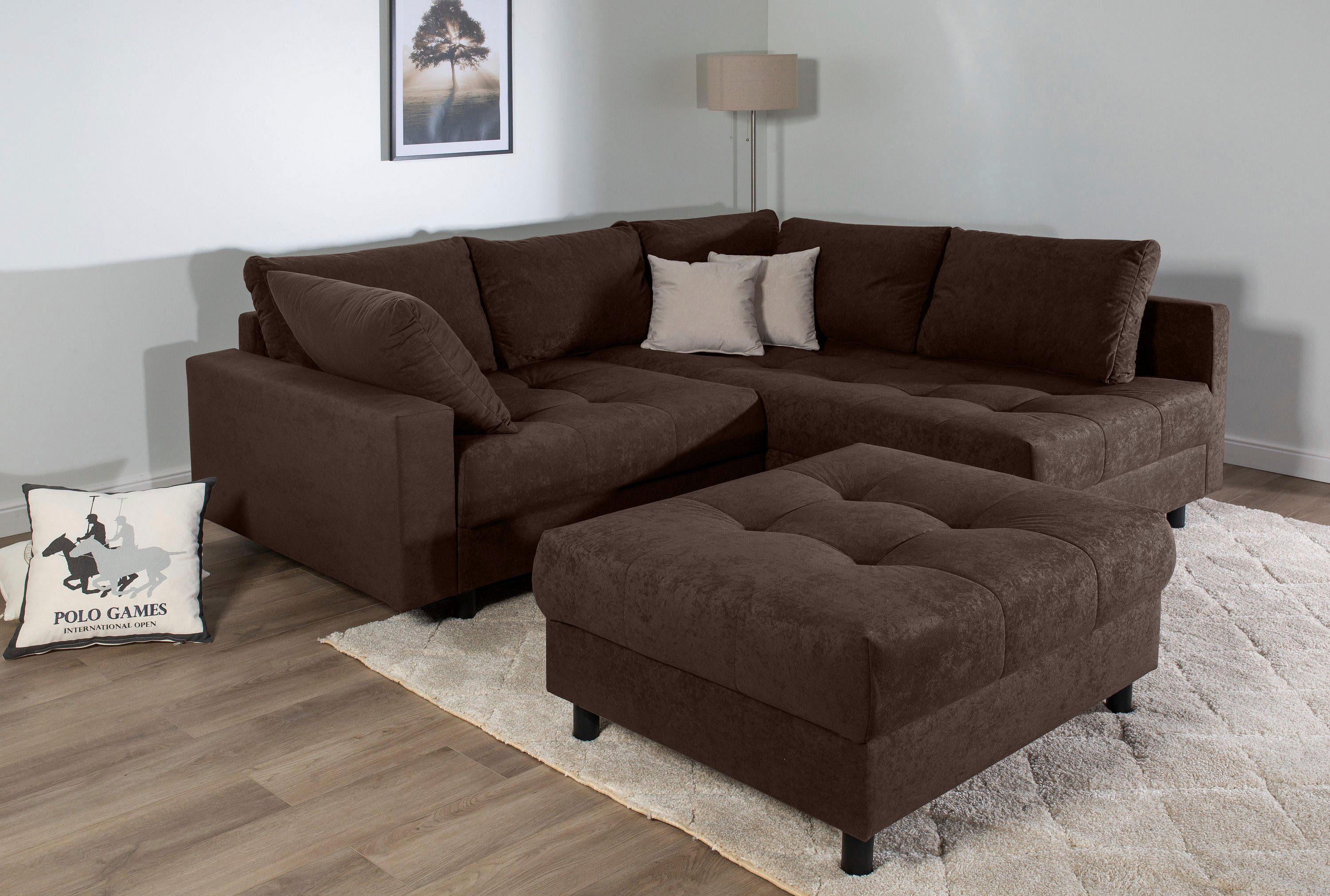 COLLECTION AB Ecksofa Toni L-Form, B: 215 cm, mit Hocker & 2 Zierkissen, Fe günstig online kaufen
