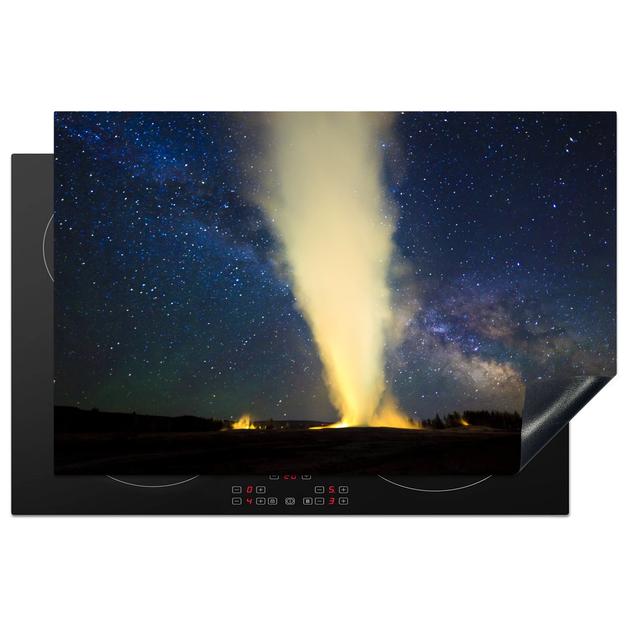 MuchoWow Herdblende-/Abdeckplatte Geysir im Yellowstone-Nationalpark bricht vor Sternenhimmel aus, Vinyl, (1 tlg), 81x52 cm, Induktionskochfeld Schutz für die küche, Ceranfeldabdeckung