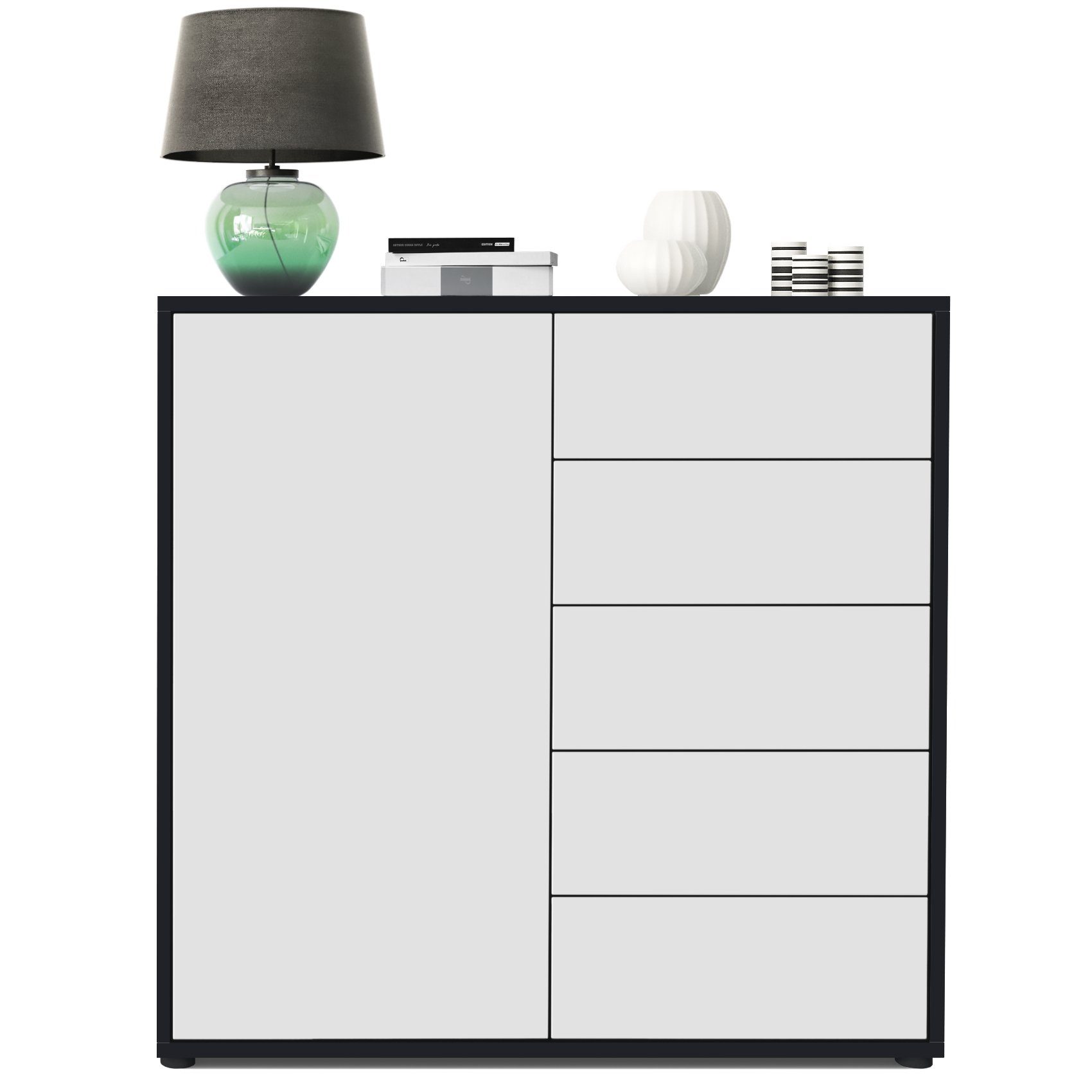 Vladon Kommode Ben V2 (Kommode, mit 1 Tür und 5 Schubladen), Schwarz matt/Weiß matt (79 x 74 x 36 cm)