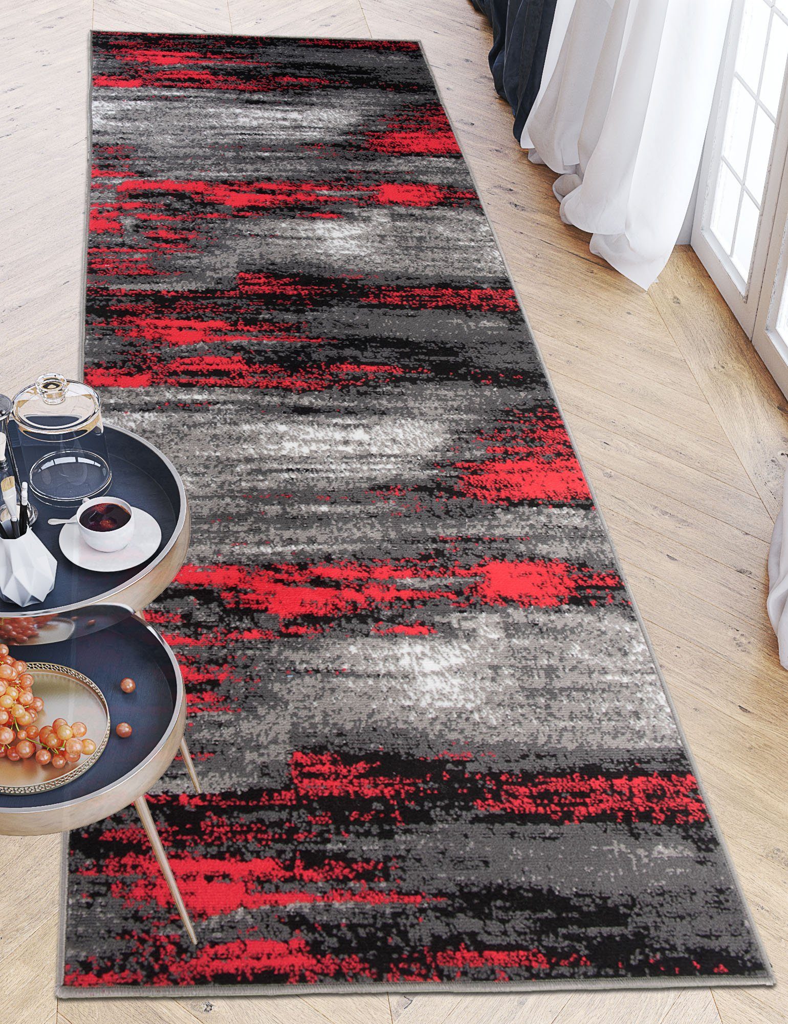 Mazovia Läufer Läufer Flurläufer Modern für Vorzimmer 100 cm Breit Grau Rot, 100 x 100 cm, Kurzflor, Meterware, Höhe 8 mm