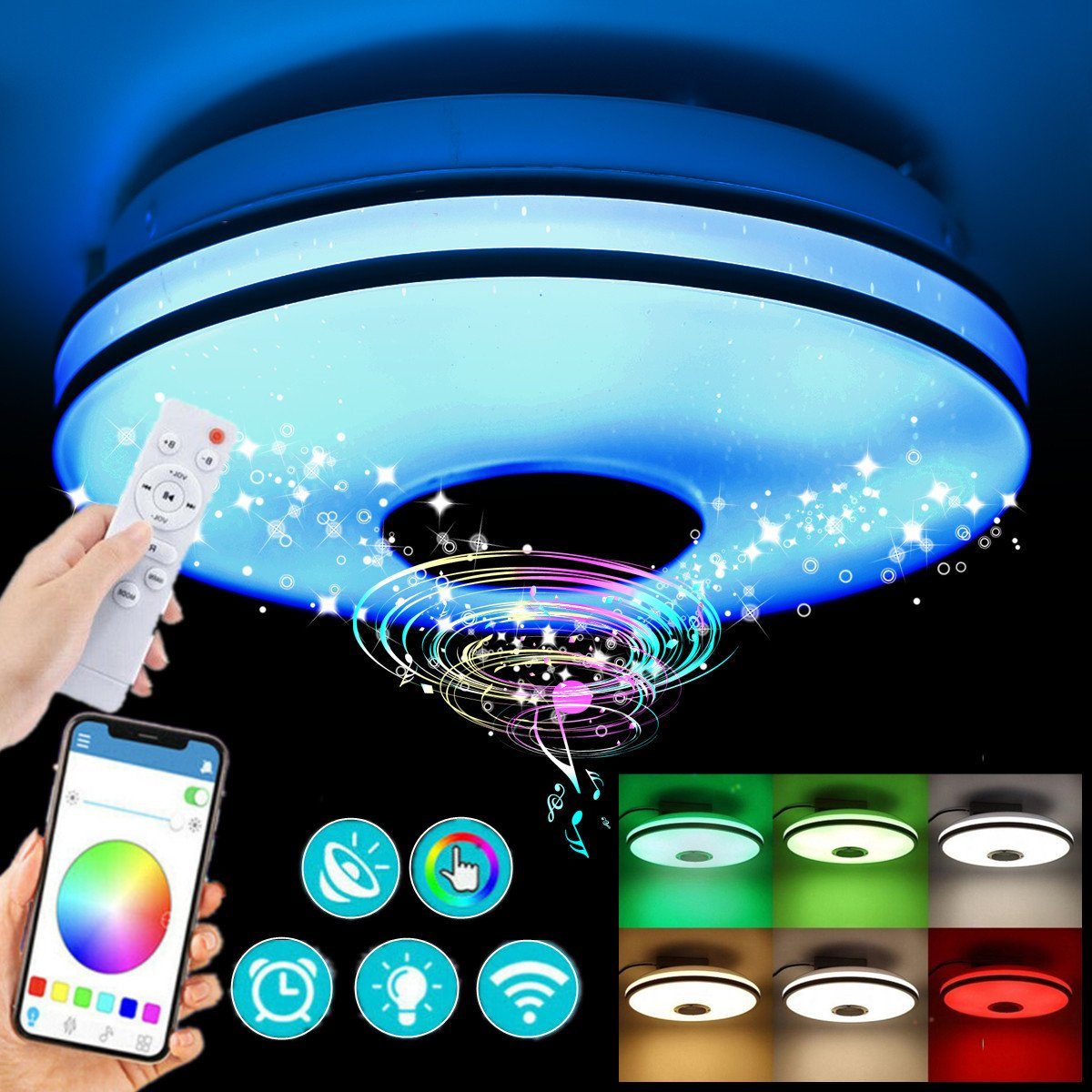 iscooter Deckenleuchte LED Tageslichtweiß, RGB, Lautsprecher Farbwechsel APP, integriert, 36W LED Bluetooth fest 36W RGB Panel Deckenlampe, Sternenhimmel LED Musik Deckenlampe Deckenleuchte RGB Dimmbar, mit