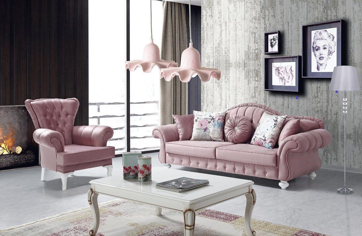 Möbel Sofa Wohnzimmer Barock Padrino 92 - Sofa / cm x x H. 225 83 Barockstil Barock Weiß Rosa - Casa im Sofa