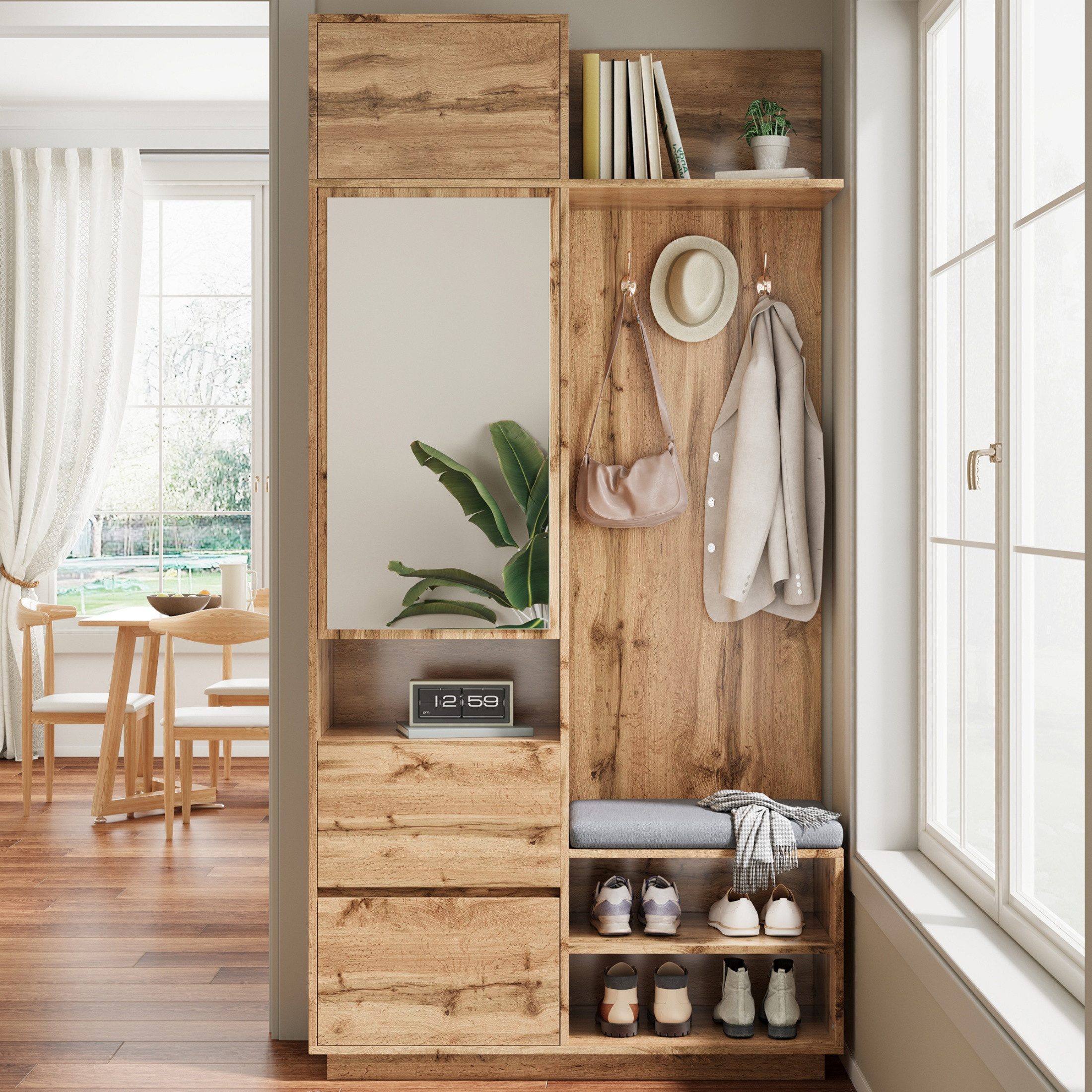 autolock Garderoben-Set Kompaktgarderobe Flurgarderobe mit Spiegel, Sitzbank, Schuhschrank, (90×34,5×190 cm), Flurmöbel-Set Garderobe für den Eingangsbereich