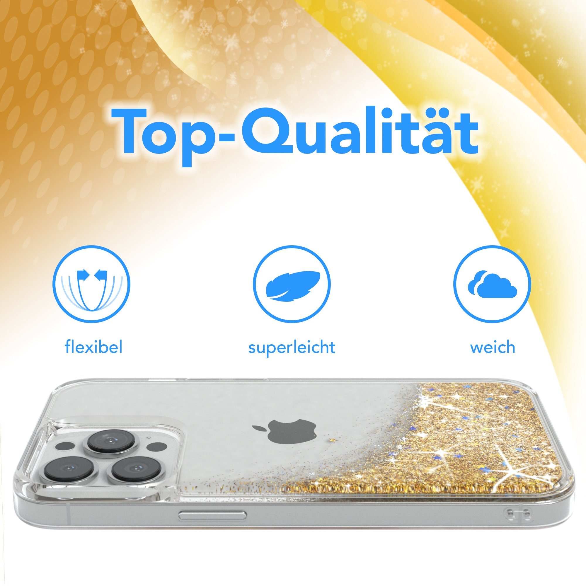EAZY CASE Handyhülle Liquid Glittery Case für Apple iPhone 13 Pro 6,1 Zoll, Durchsichtig Back Case Handy Softcase Silikonhülle Glitzer Cover Gold