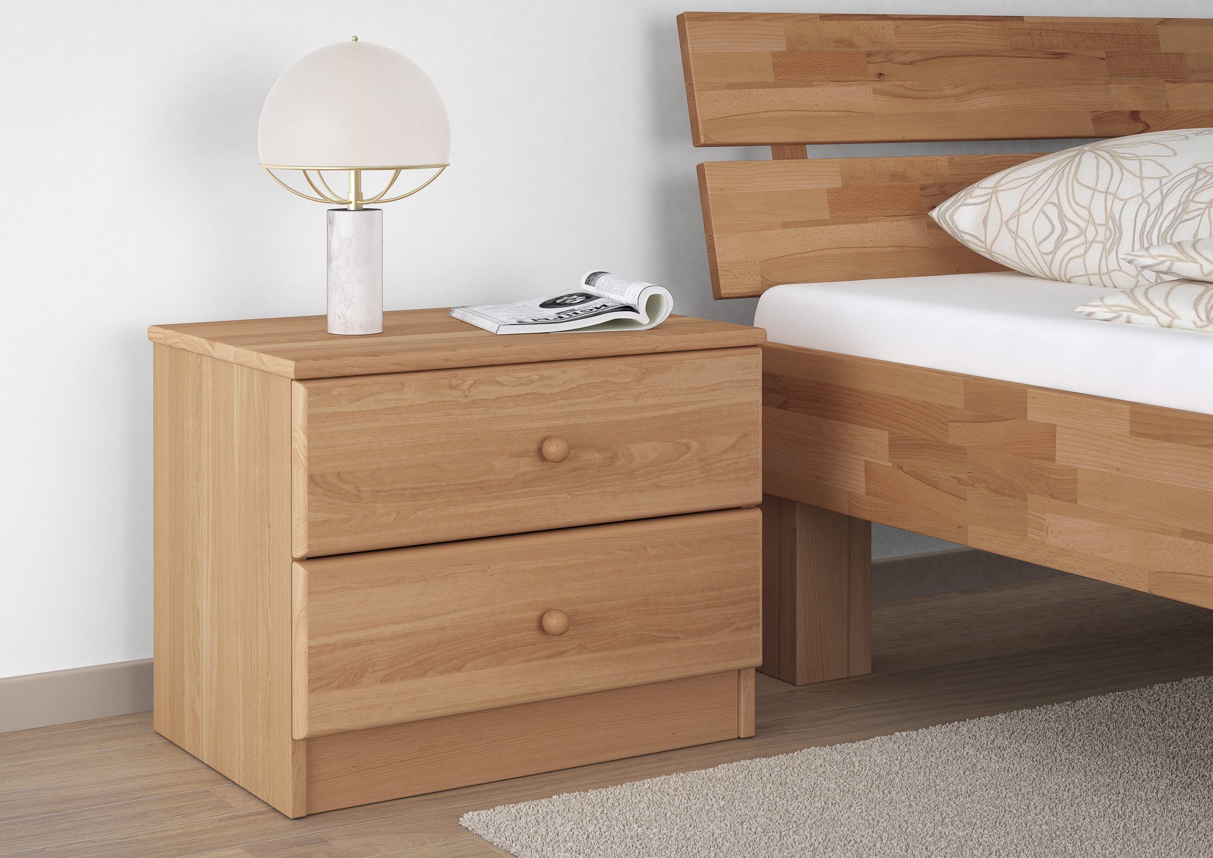 ERST-HOLZ Nachtkommode Niedrige Nachtkonsole Buche Massivholz Nachttisch mit Zwei Schubladen, 90.20-K38 - Nachtschränkchen Buche natur-Zwei Schubläden