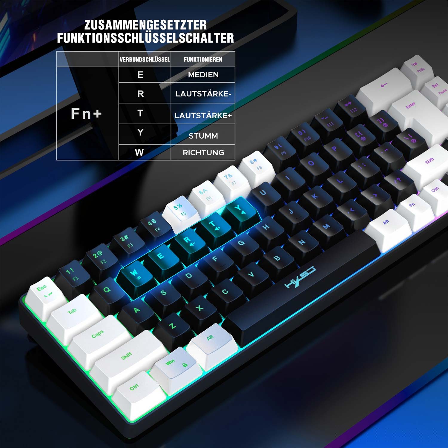 Refttenw RGB-Tastatur Ergonomische 60% Mini Gaming-Tastatur 68 Tasten Tastatur (für Windows Laptop PC)