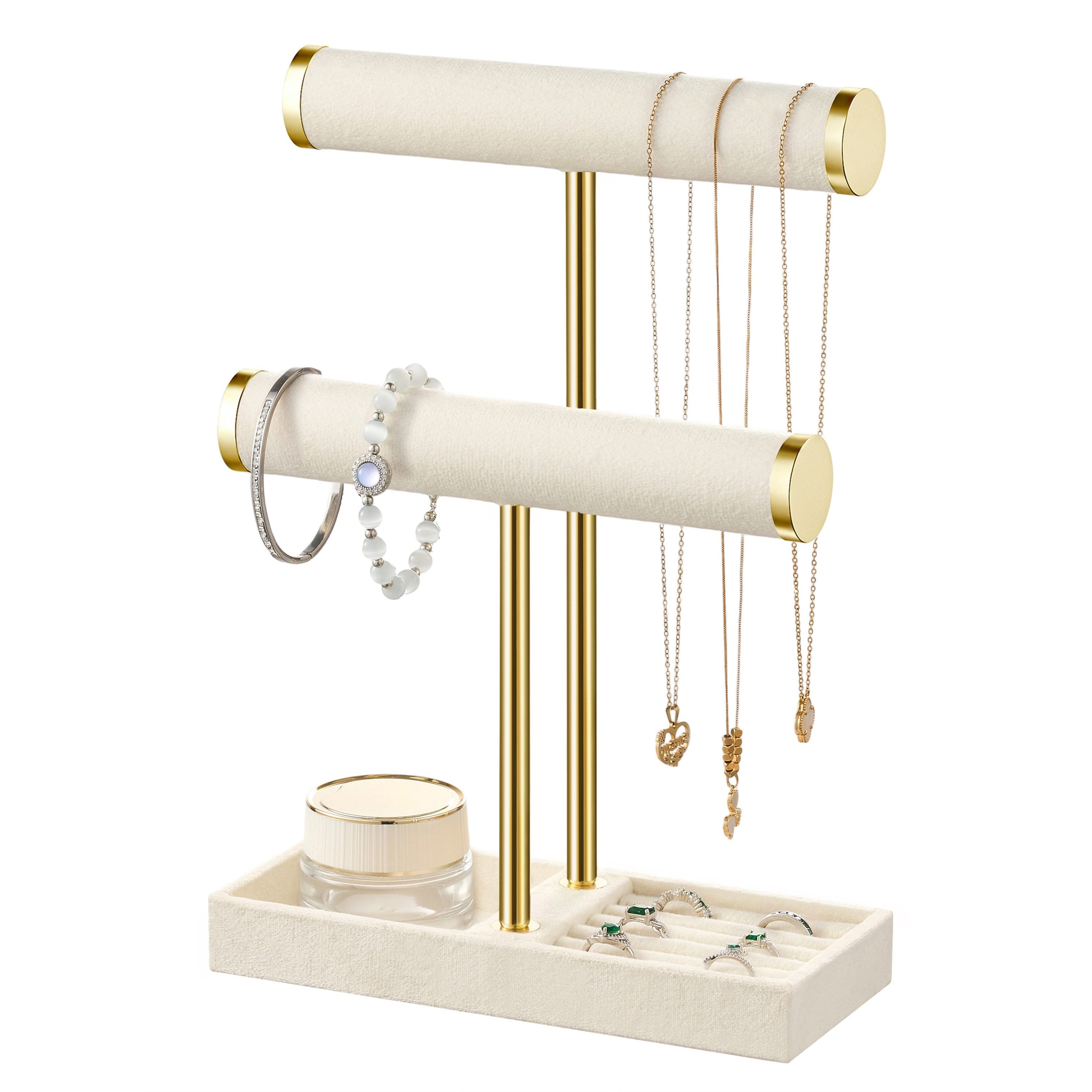 niffgaff Schmuck Etagere 2-stufiger Schmuckständer & Schmuck-Organizer, Samt-Armbandhalter, mit abnehmbarem T-Steg für Ketten, Armbänder, Ringe und Uhren