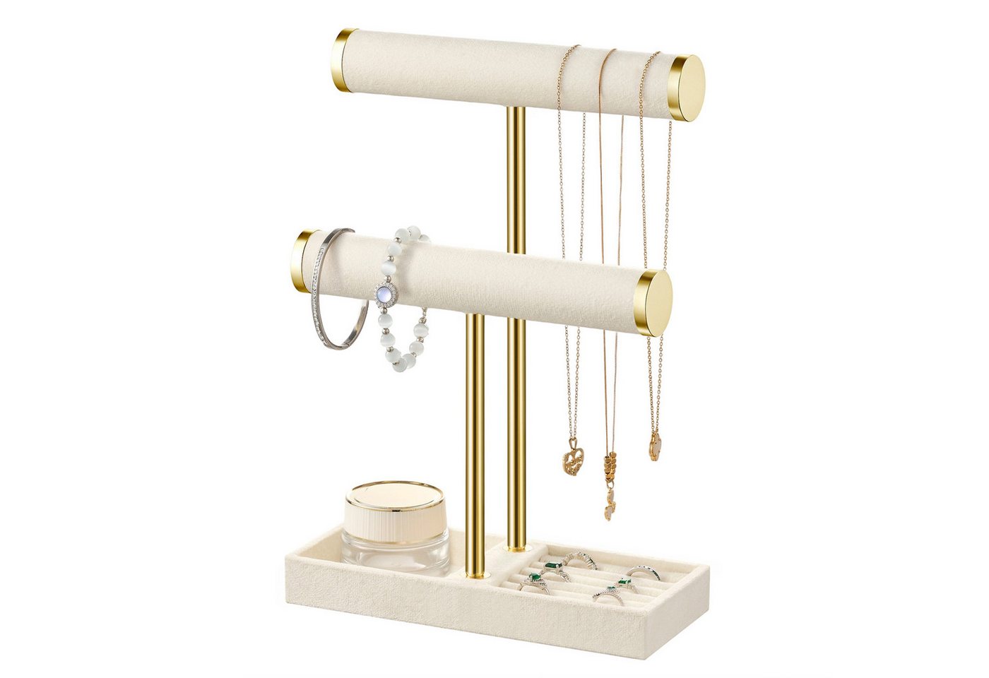 niffgaff Schmuck Etagere 2-stufiger Schmuckständer & Schmuck-Organizer, Samt-Armbandhalter, mit abnehmbarem T-Steg für Ketten, Armbänder, Ringe und Uhren