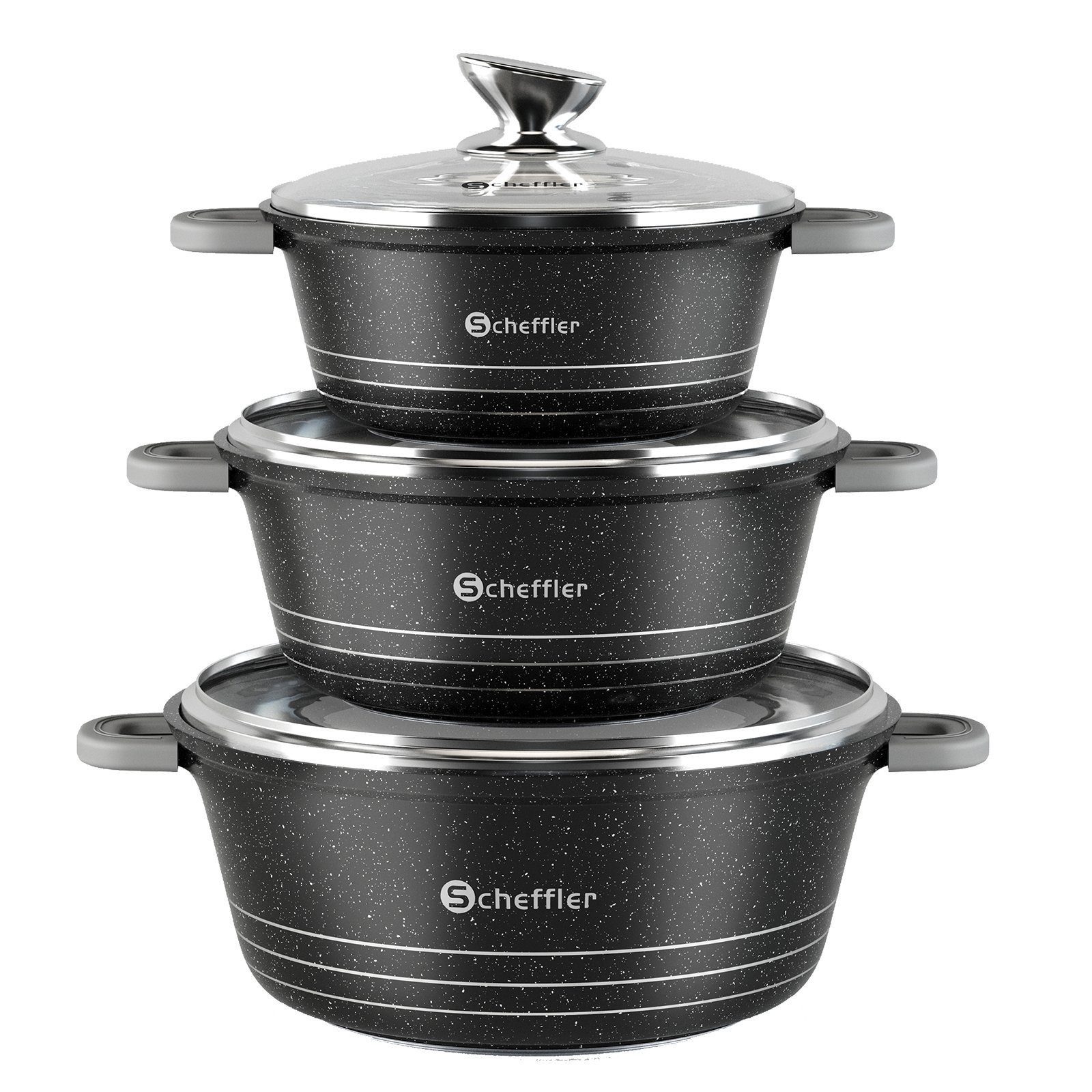 Scheffler Topf-Set 6-tlg Kochtopf Set Induktions Servierpfanne Antihaftbeschichtung, Aluminium (Topf), mit Glasdeckel