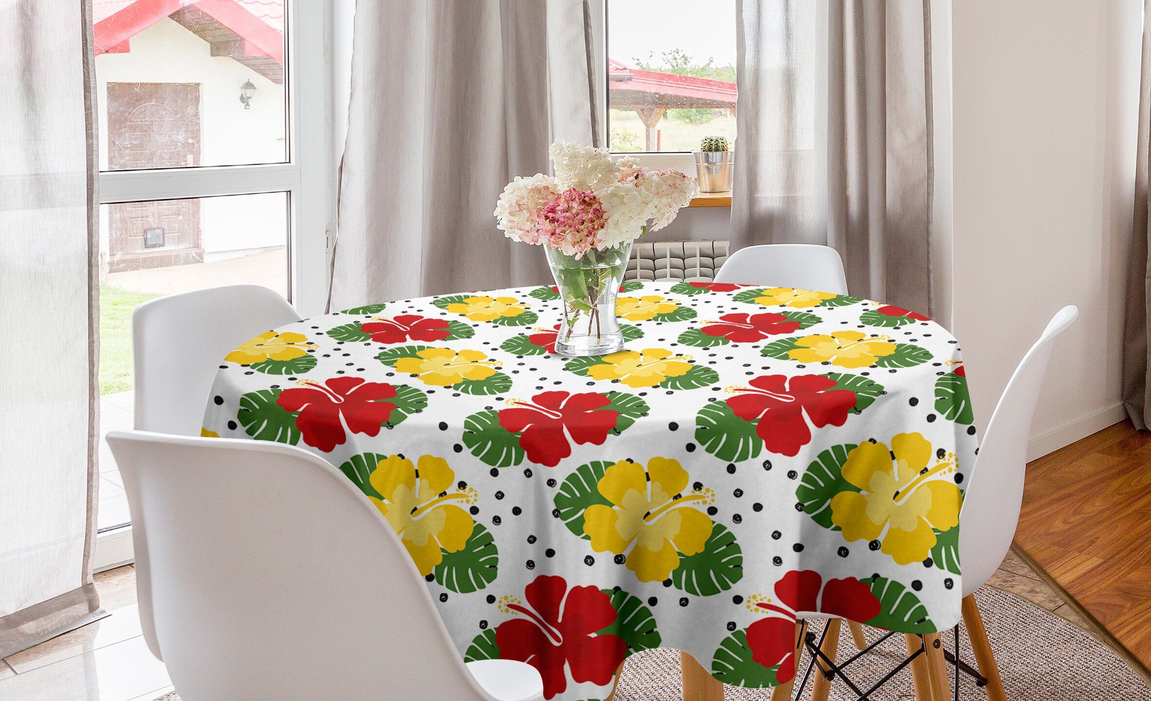 Abakuhaus Tischdecke Kreis Tischdecke Abdeckung für Esszimmer Küche Dekoration, Tropisch Grunge-Punkte und Hibiscus