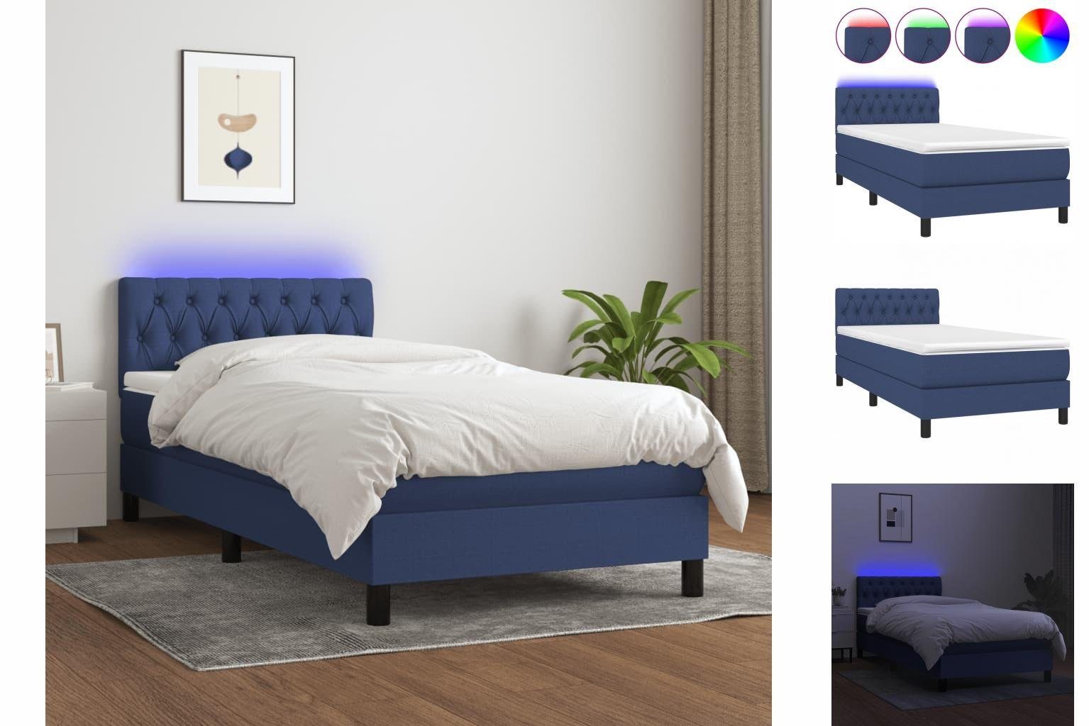 vidaXL Bettgestell Boxspringbett mit Matratze LED Blau 100x200 cm Stoff Bett  Bettgestell