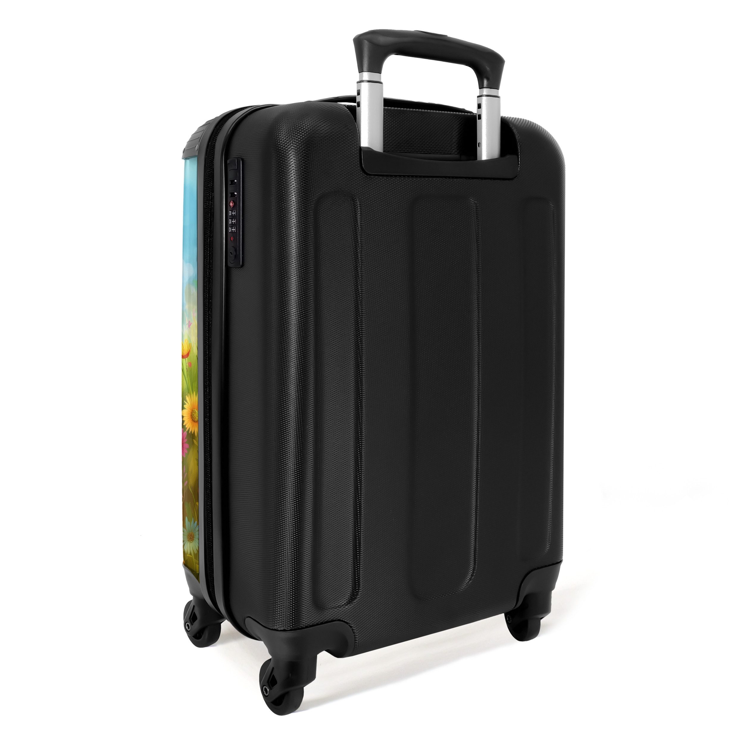 NoBoringSuitcases.com© Kinderkoffer Brauner Teddybär vor einem Regenbogen in einem Blumenfeld 55x35x20cm, 4 Rollen, Kinder Koffer Klein, Trolley Handgepäck, Reisekoffer