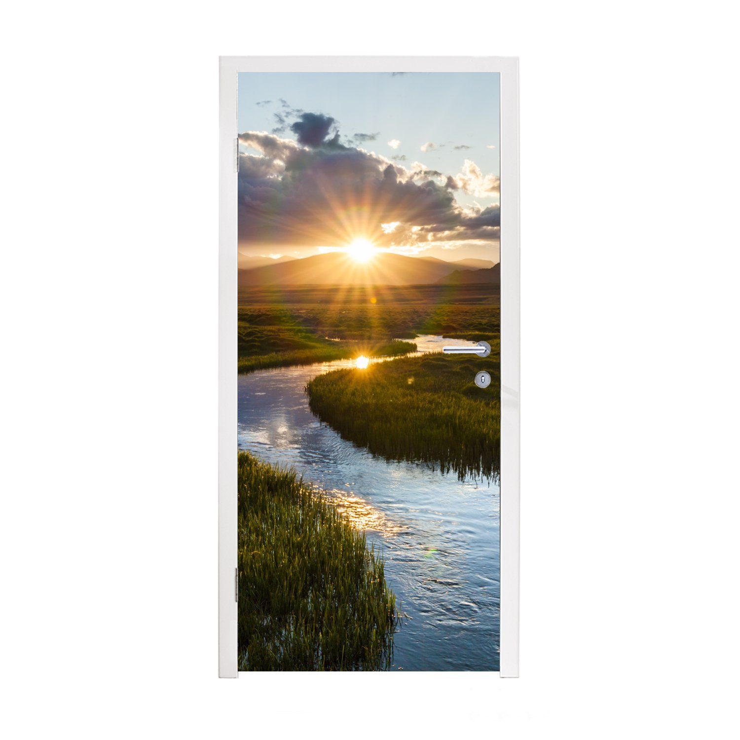 MuchoWow Türtapete Fluss mit Blick auf einen Sonnenuntergang, Matt, bedruckt, (1 St), Fototapete für Tür, Türaufkleber, 75x205 cm